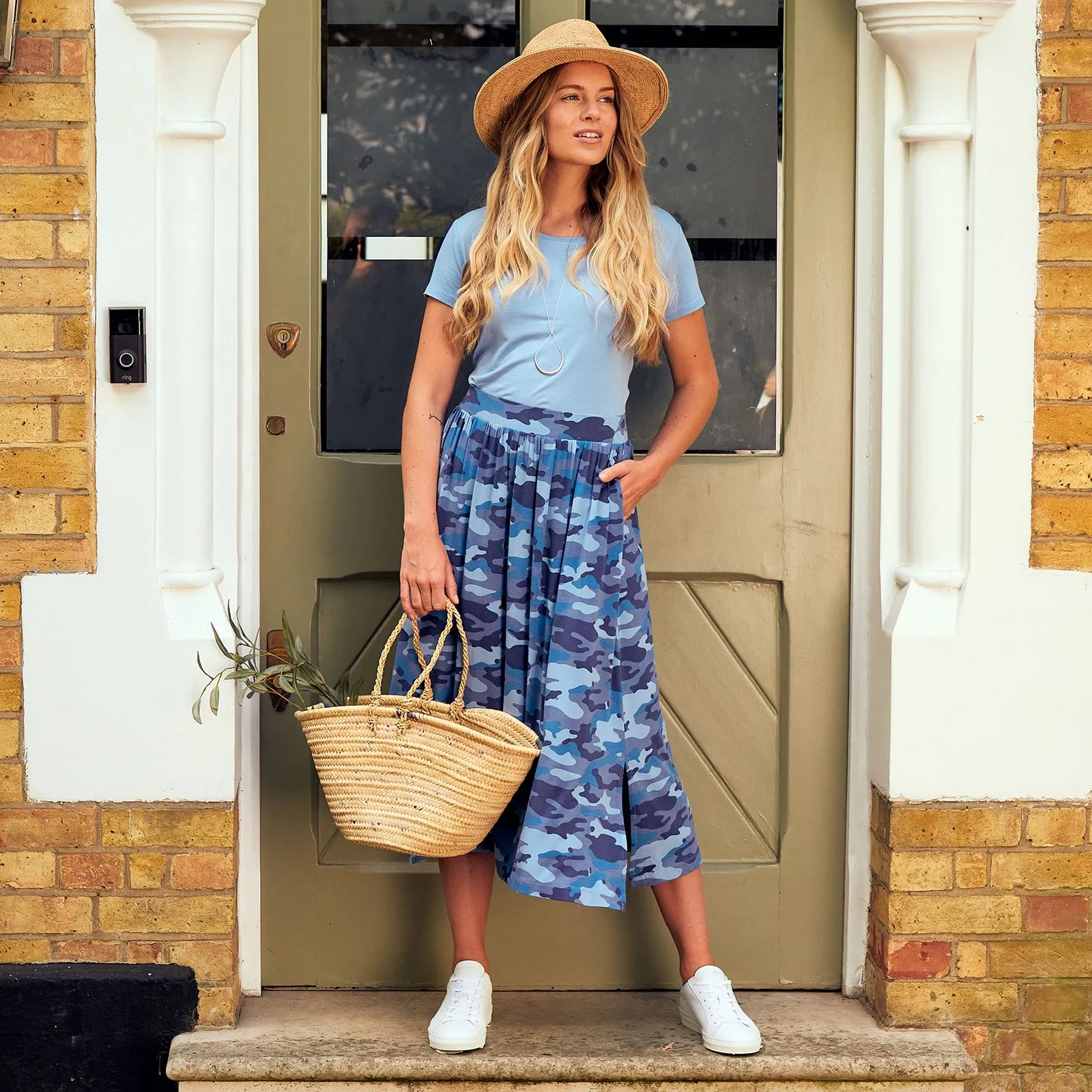 Asquith Side Split Elasticated Waist Cotton Jersey Midi Skirt