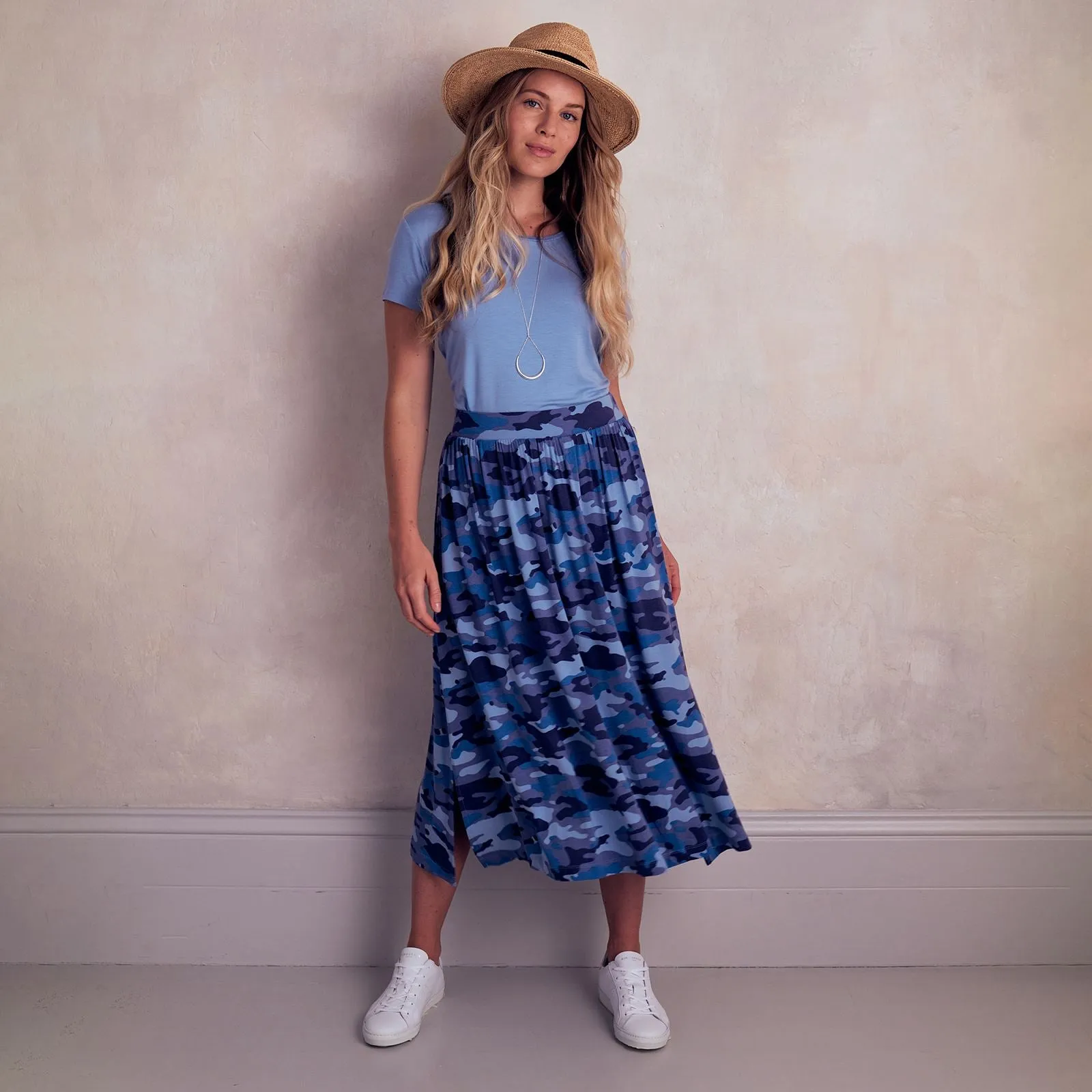 Asquith Side Split Elasticated Waist Cotton Jersey Midi Skirt