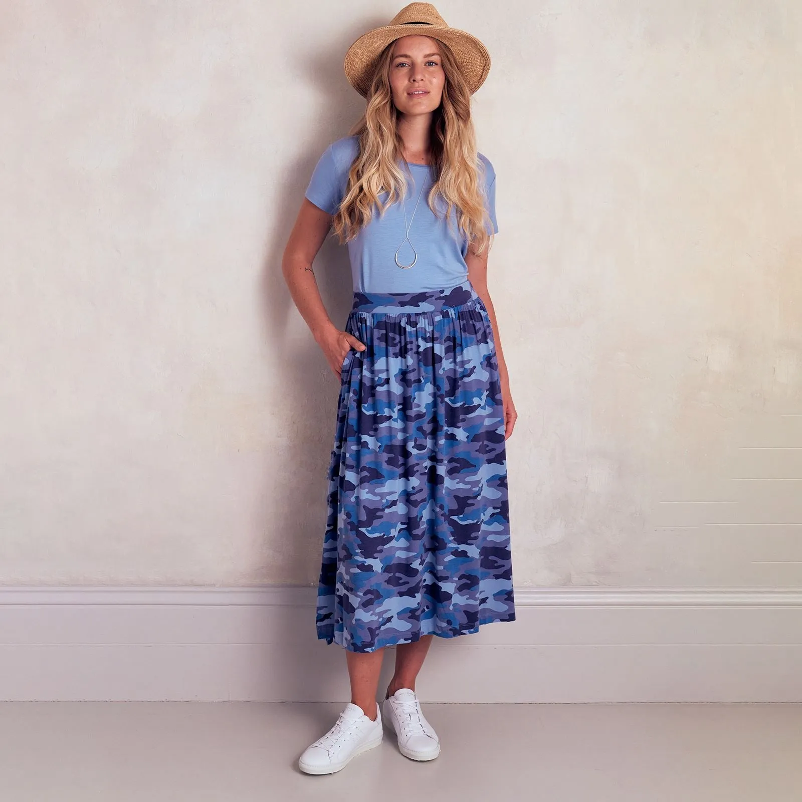 Asquith Side Split Elasticated Waist Cotton Jersey Midi Skirt