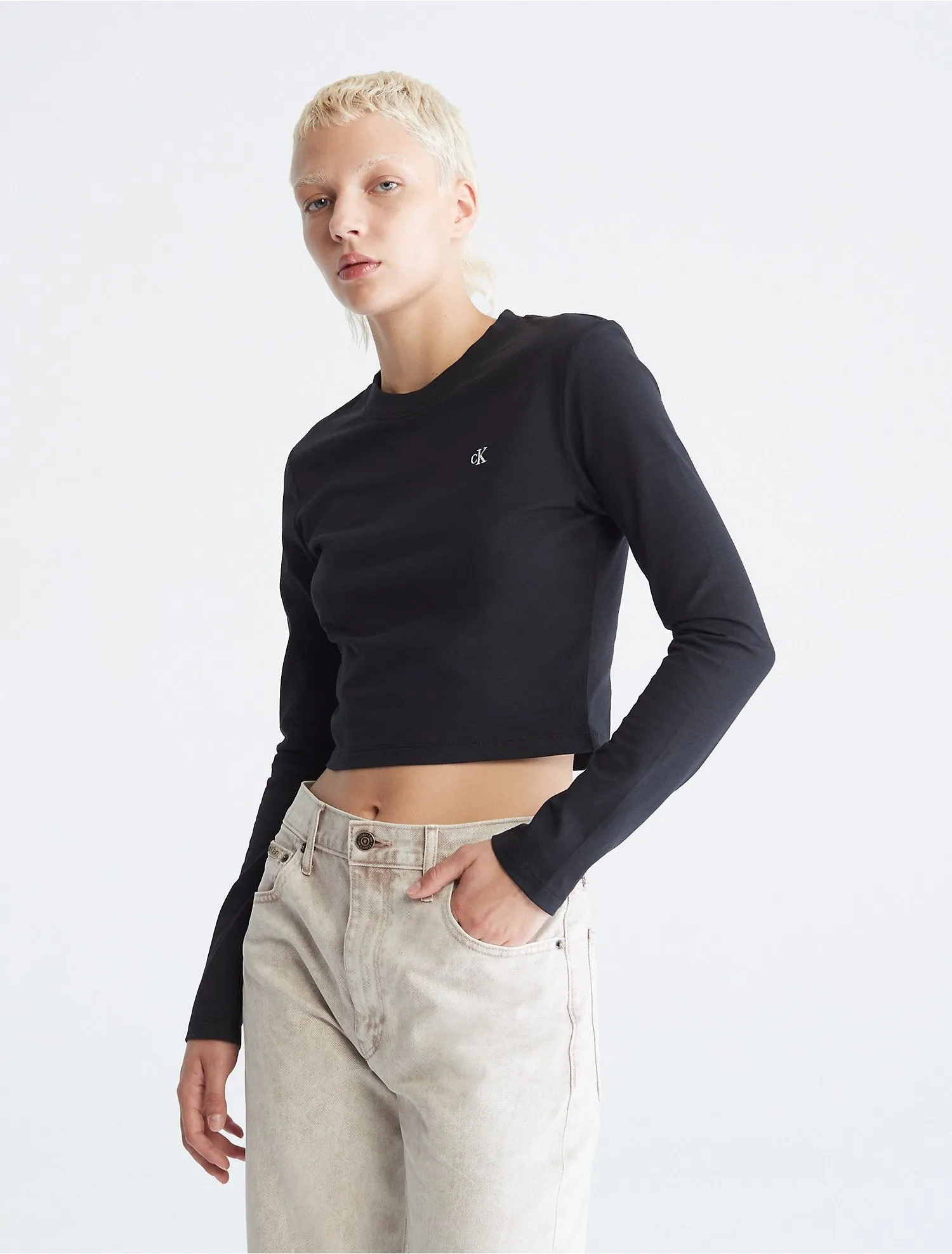 Calvin Klein Monogram Logo Long Sleeve Crop Top - Women