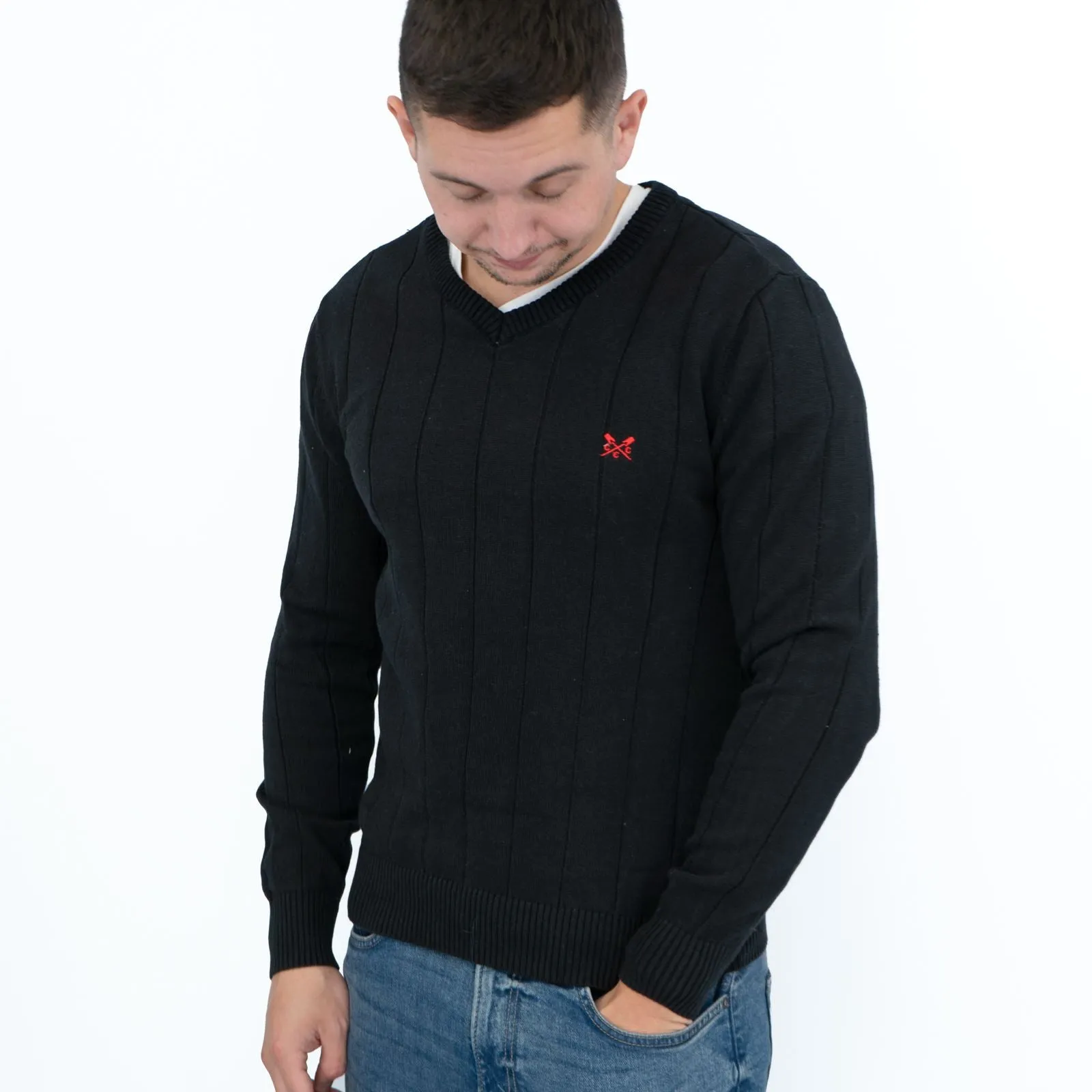 Crew Clothing Mens Jumper Black V-Neck Ribbed Long Sleeve Organic Cotton