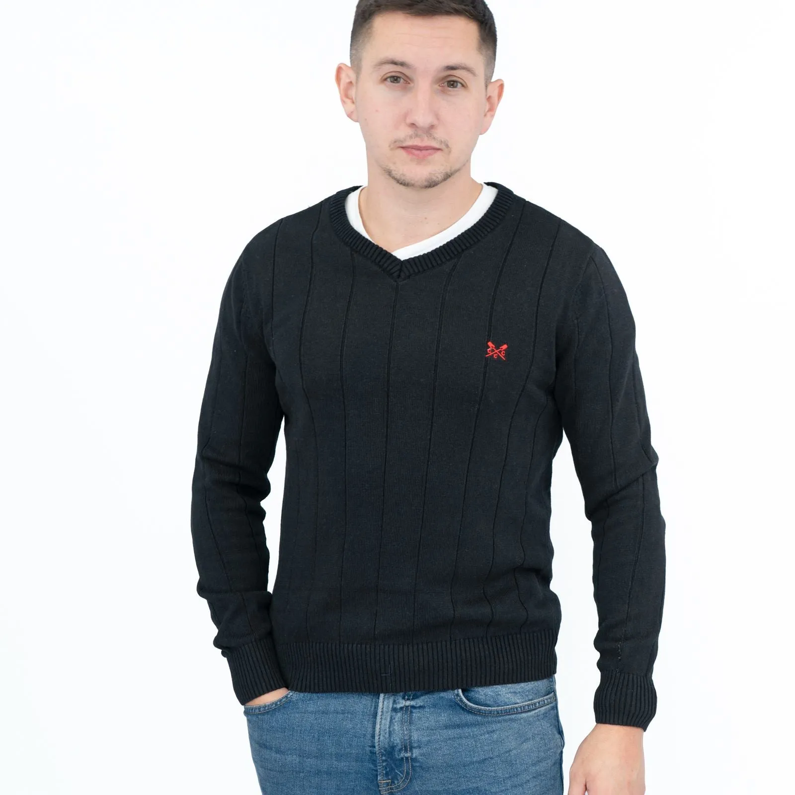 Crew Clothing Mens Jumper Black V-Neck Ribbed Long Sleeve Organic Cotton