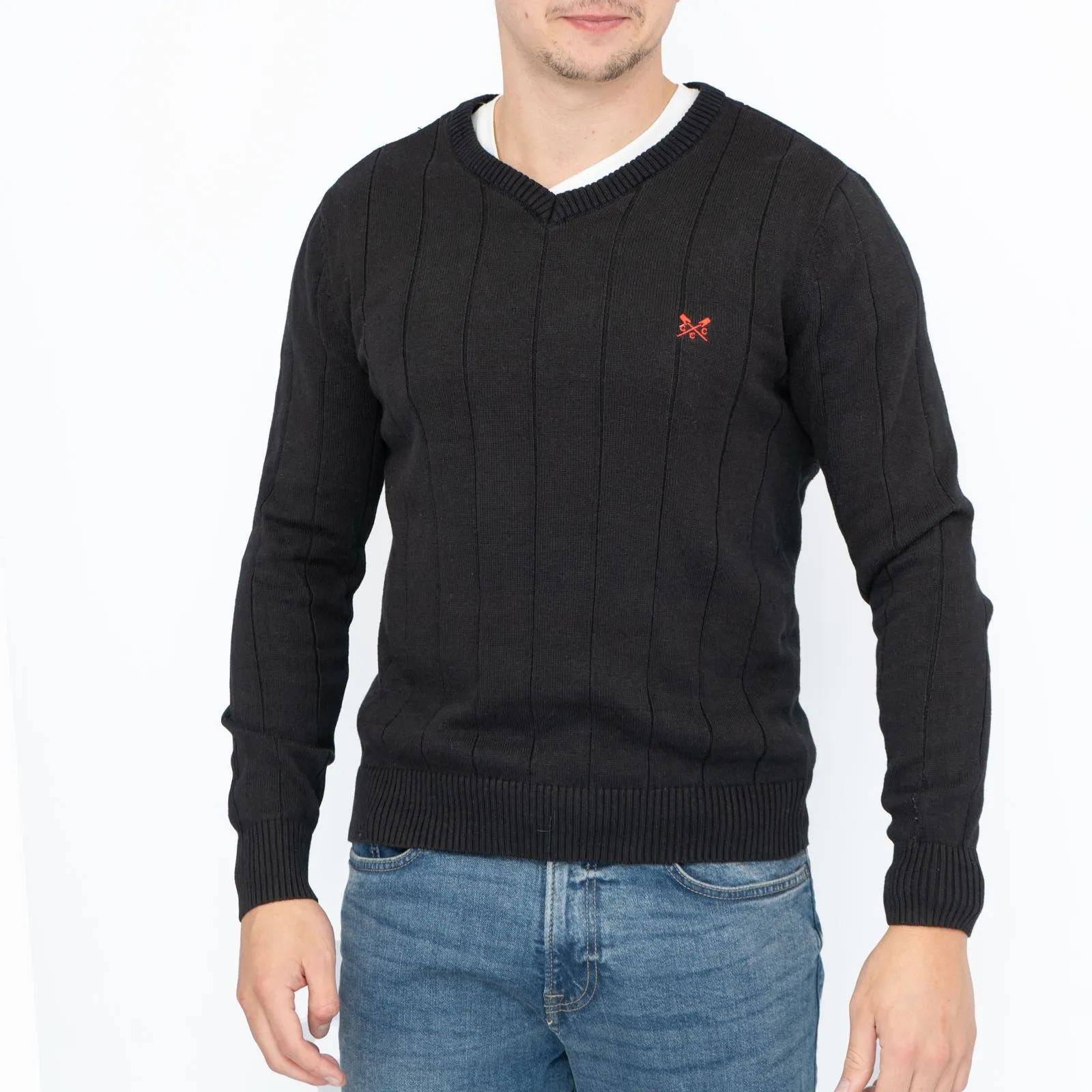 Crew Clothing Mens Jumper Black V-Neck Ribbed Long Sleeve Organic Cotton
