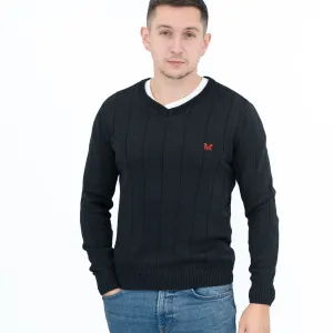 Crew Clothing Mens Jumper Black V-Neck Ribbed Long Sleeve Organic Cotton