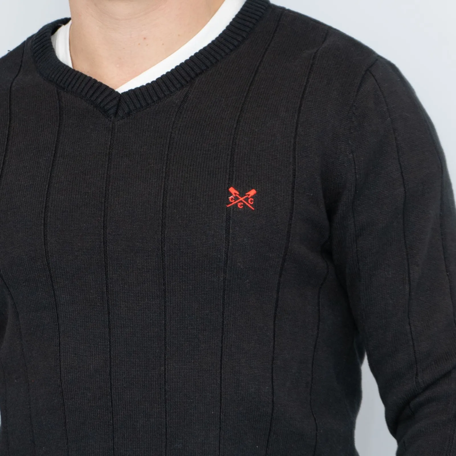 Crew Clothing Mens Jumper Black V-Neck Ribbed Long Sleeve Organic Cotton