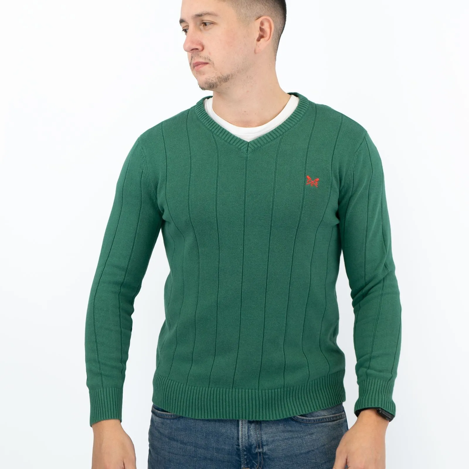 Crew Clothing Mens Jumper Green V-Neck Ribbed Long Sleeve Organic Cotton