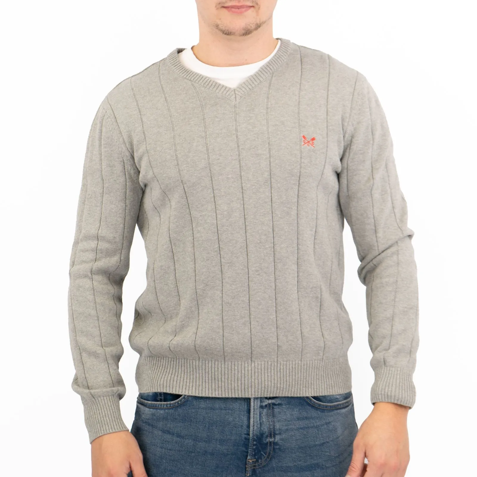 Crew Clothing Mens Jumper Light Grey V-Neck Ribbed Long Sleeve Organic Cotton