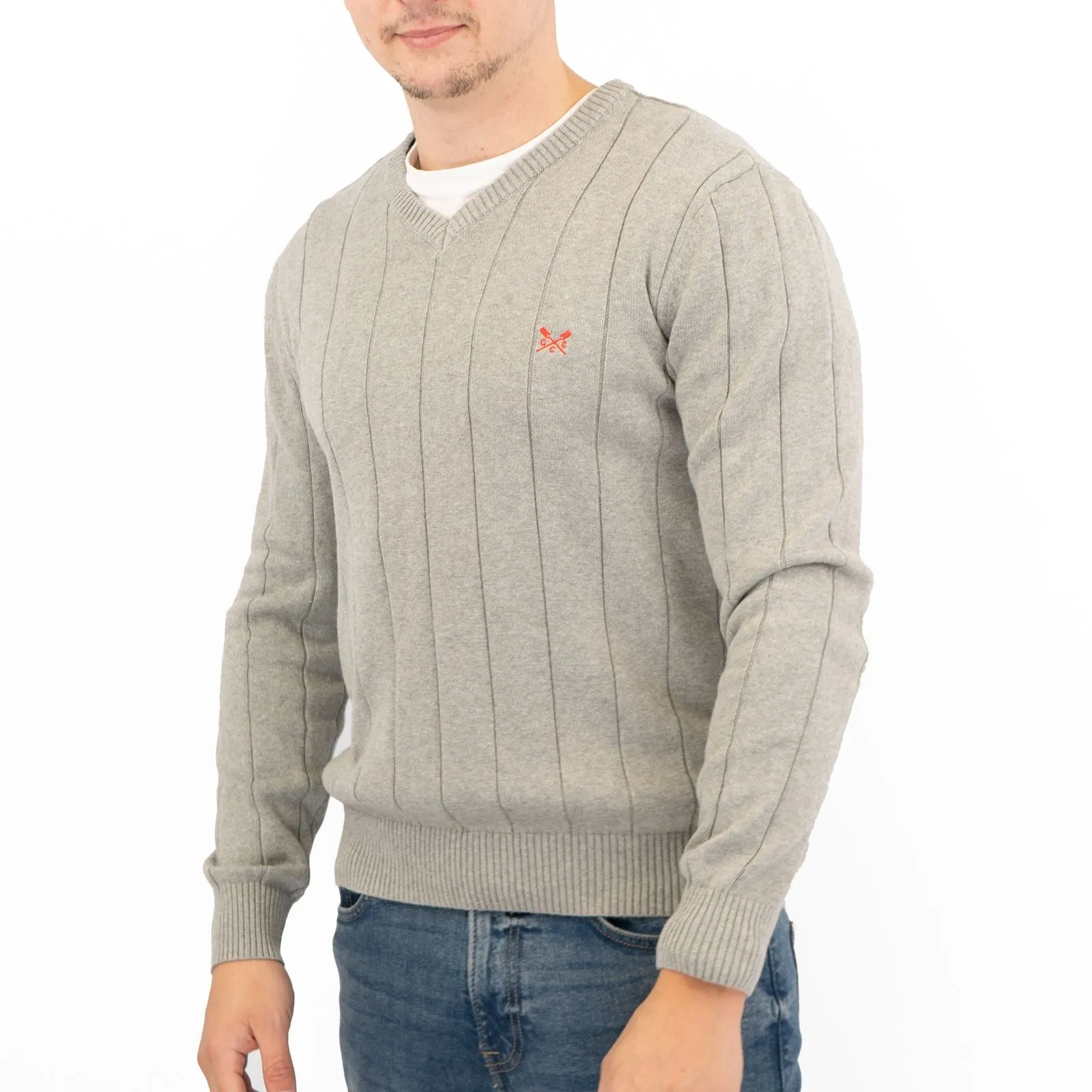 Crew Clothing Mens Jumper Light Grey V-Neck Ribbed Long Sleeve Organic Cotton