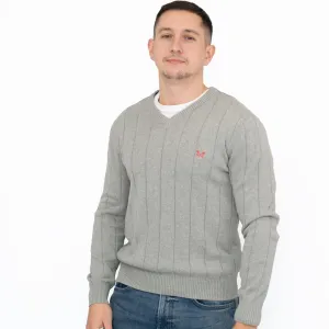 Crew Clothing Mens Jumper Light Grey V-Neck Ribbed Long Sleeve Organic Cotton