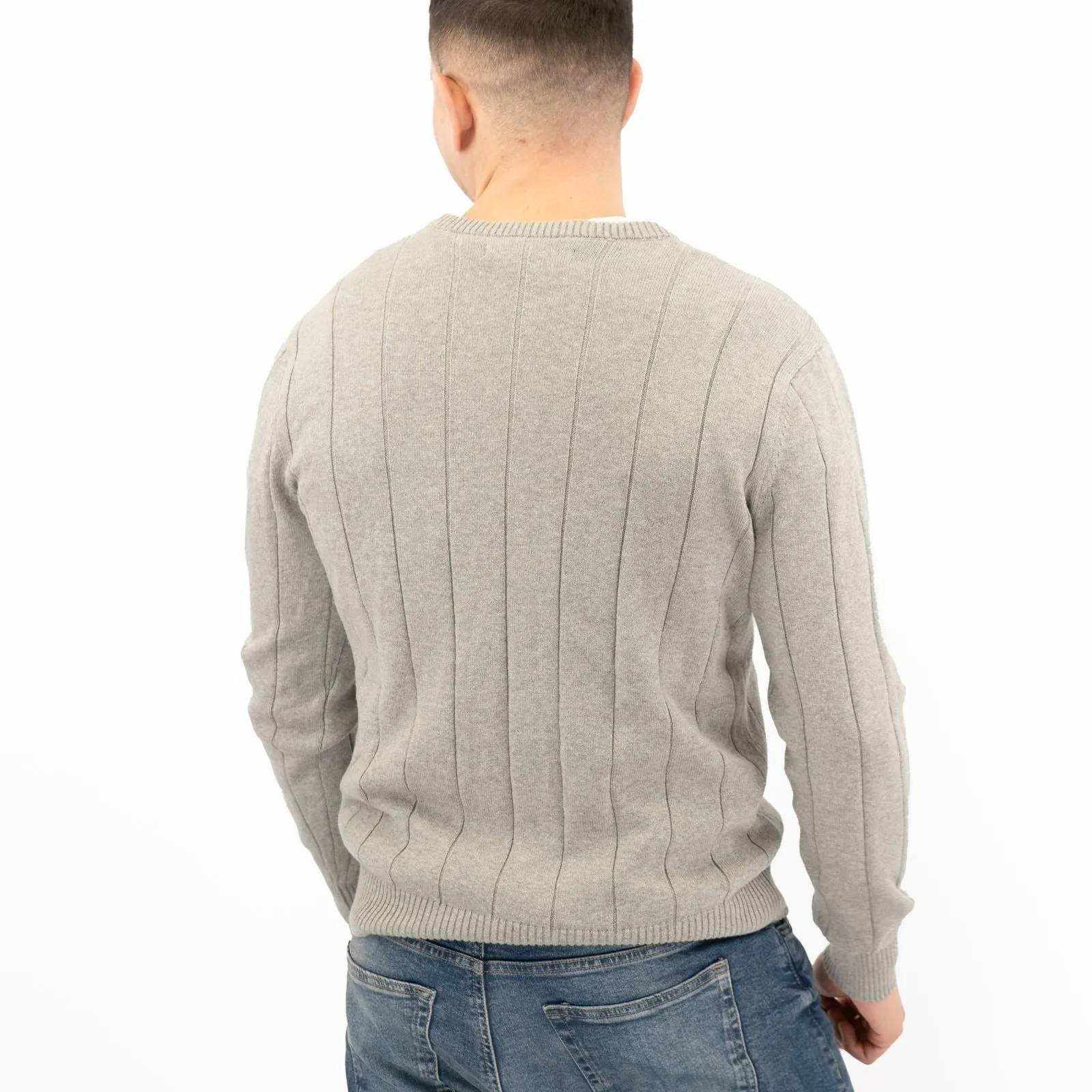 Crew Clothing Mens Jumper Light Grey V-Neck Ribbed Long Sleeve Organic Cotton