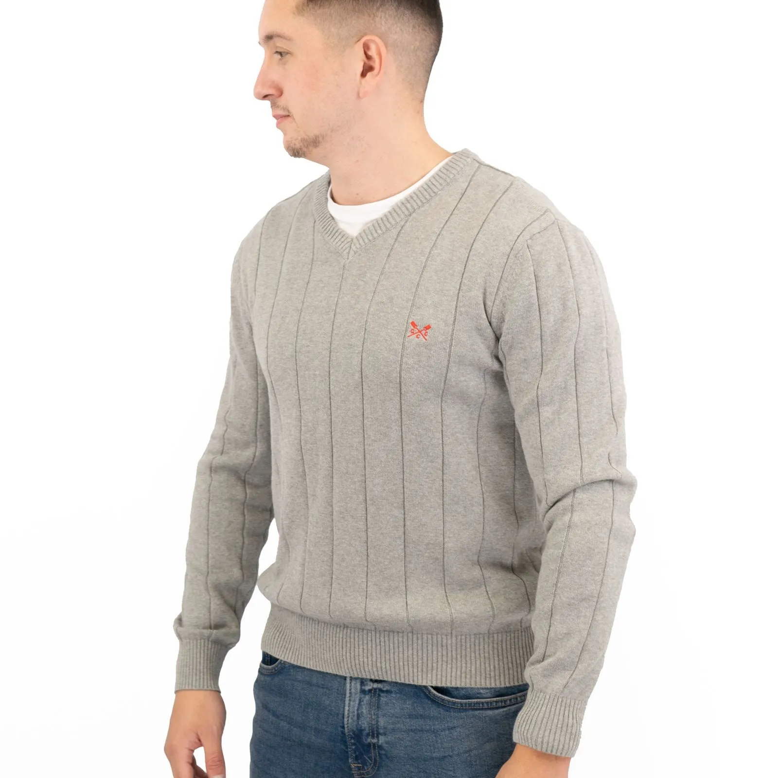 Crew Clothing Mens Jumper Light Grey V-Neck Ribbed Long Sleeve Organic Cotton