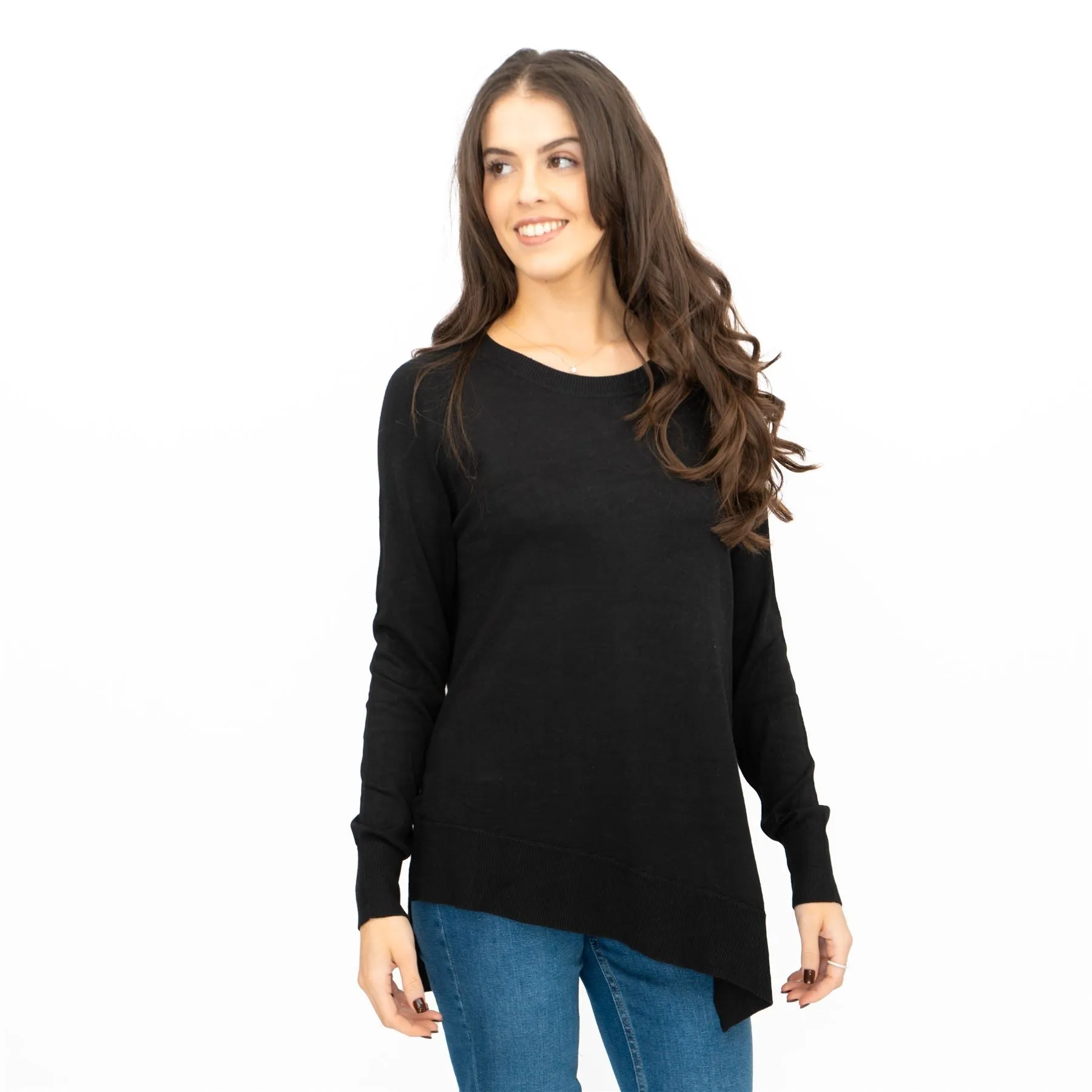 Evans Womens Asymmetric Top Black Longline Crew Neck Long Sleeve Relaxed Fit