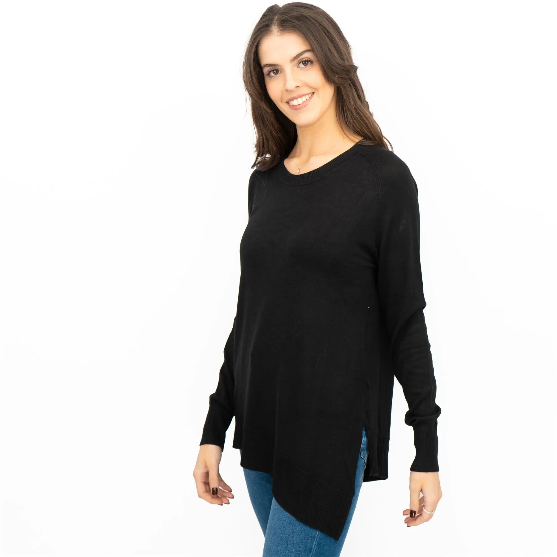 Evans Womens Asymmetric Top Black Longline Crew Neck Long Sleeve Relaxed Fit