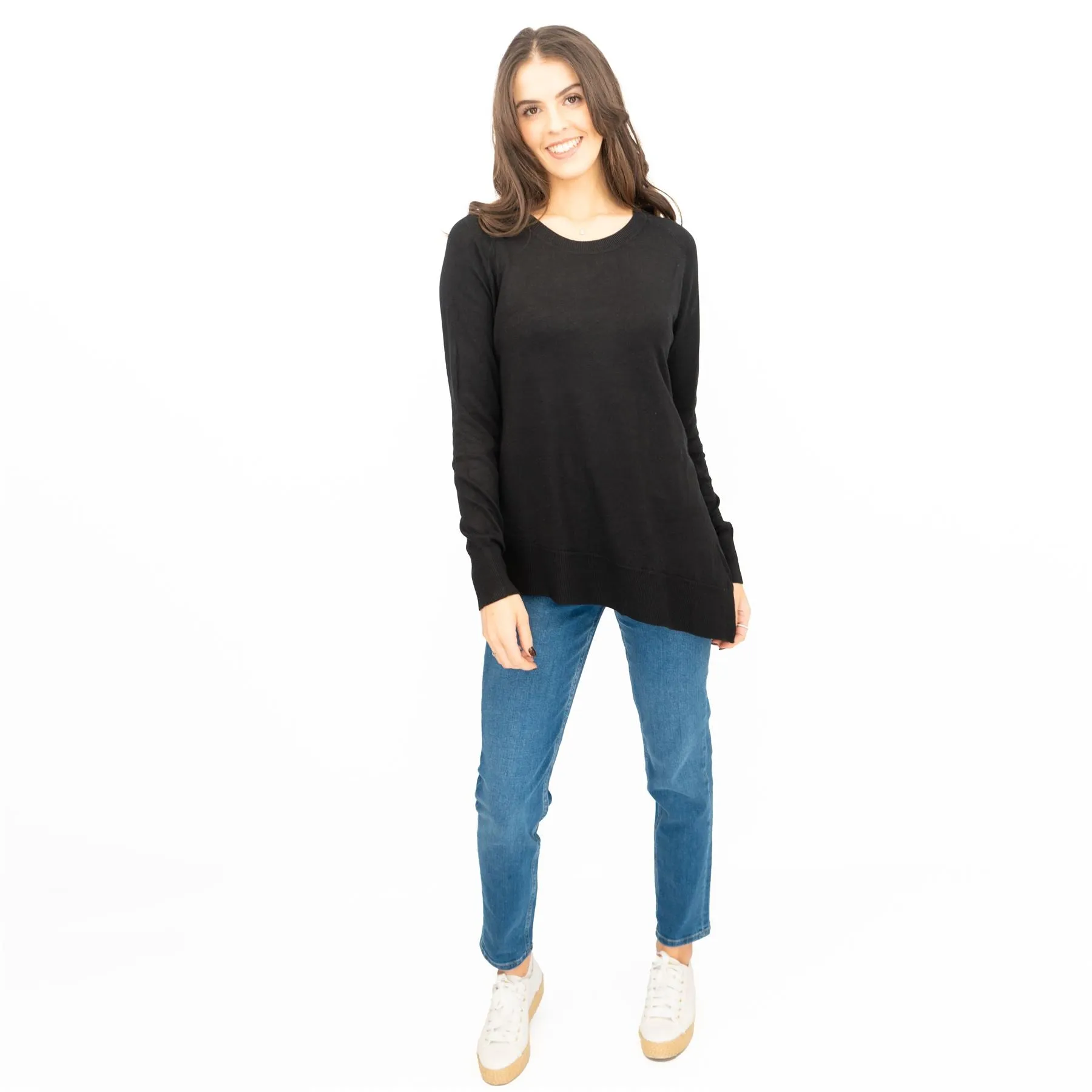 Evans Womens Asymmetric Top Black Longline Crew Neck Long Sleeve Relaxed Fit