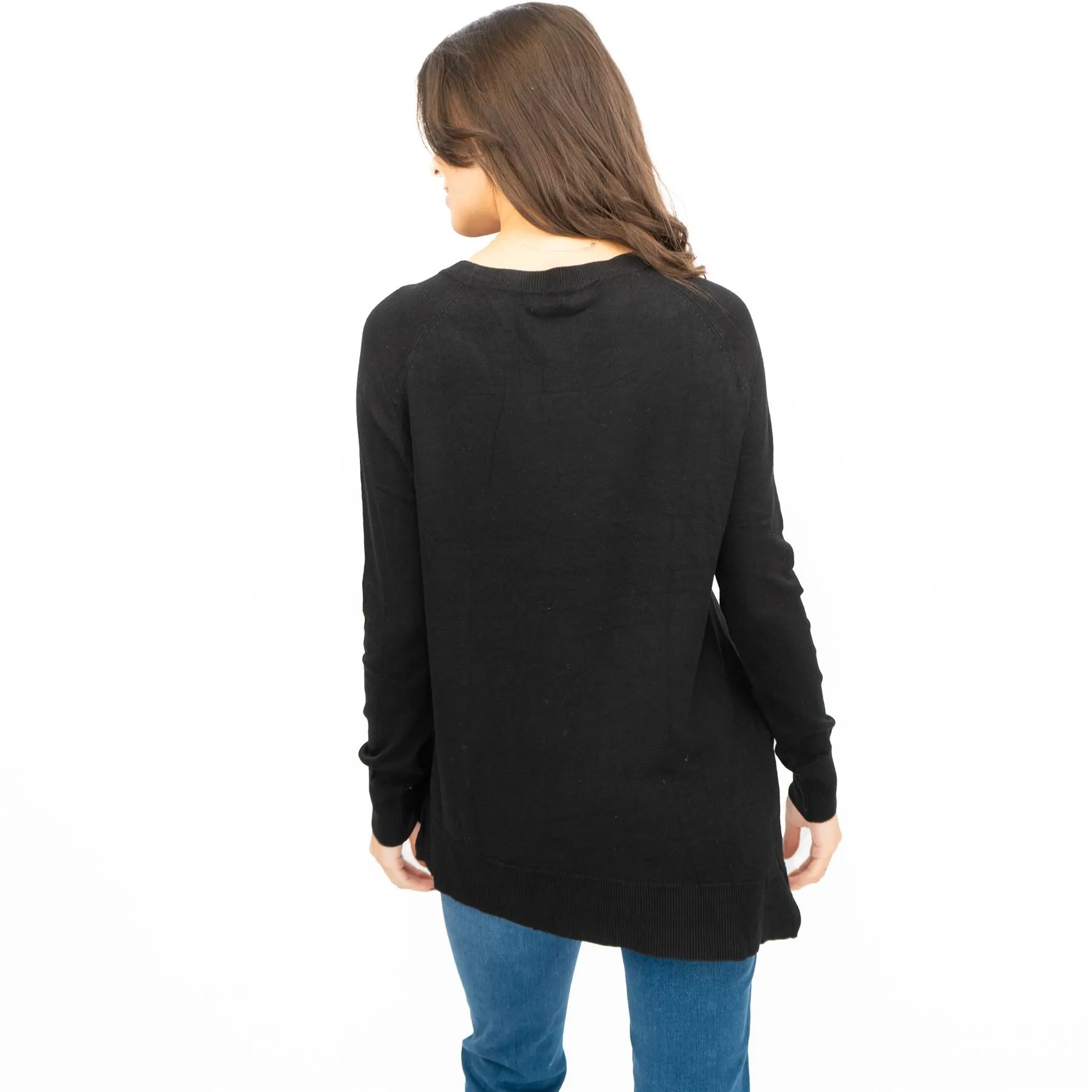 Evans Womens Asymmetric Top Black Longline Crew Neck Long Sleeve Relaxed Fit