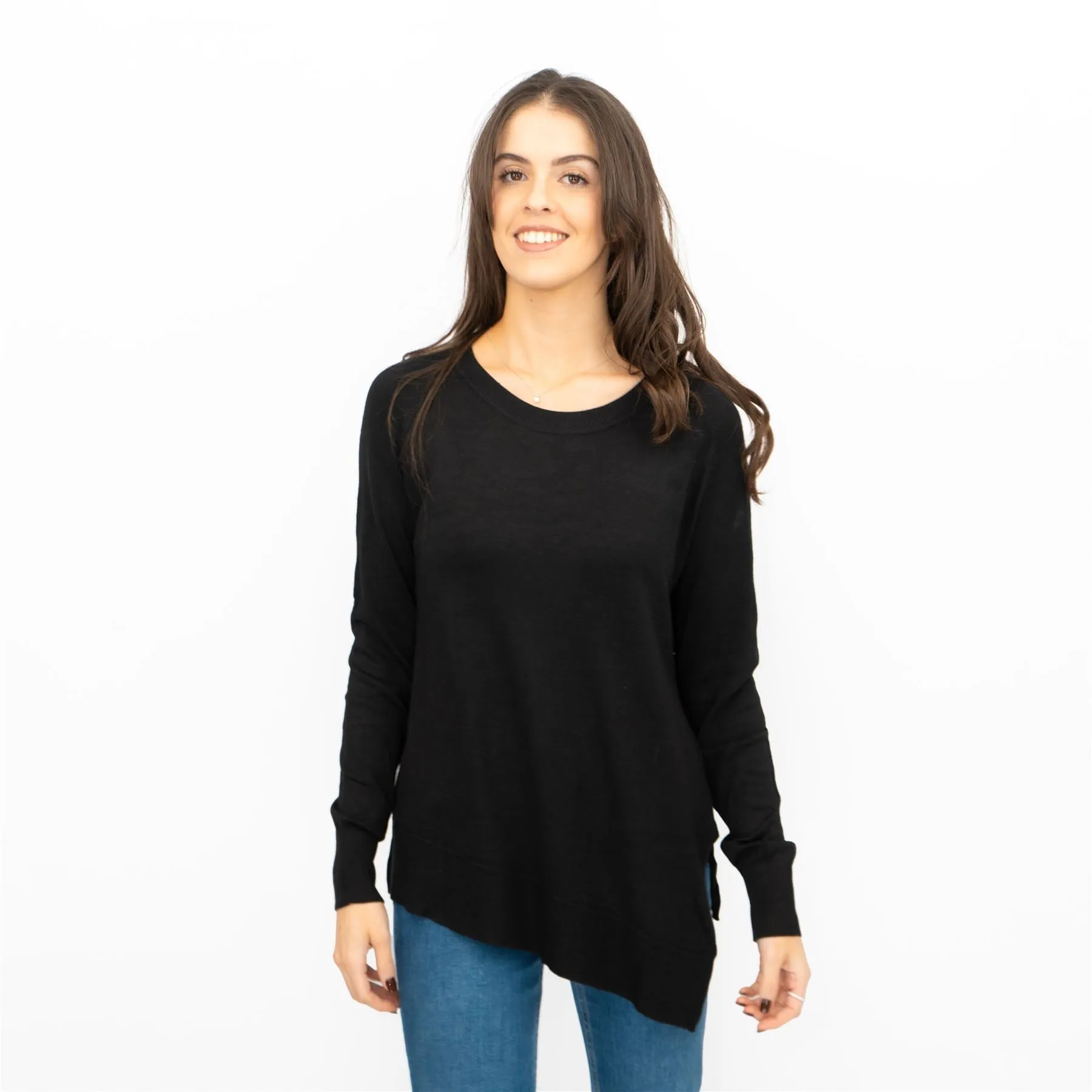 Evans Womens Asymmetric Top Black Longline Crew Neck Long Sleeve Relaxed Fit