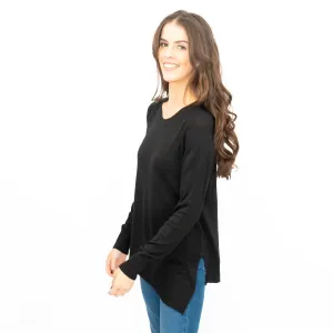 Evans Womens Asymmetric Top Black Longline Crew Neck Long Sleeve Relaxed Fit