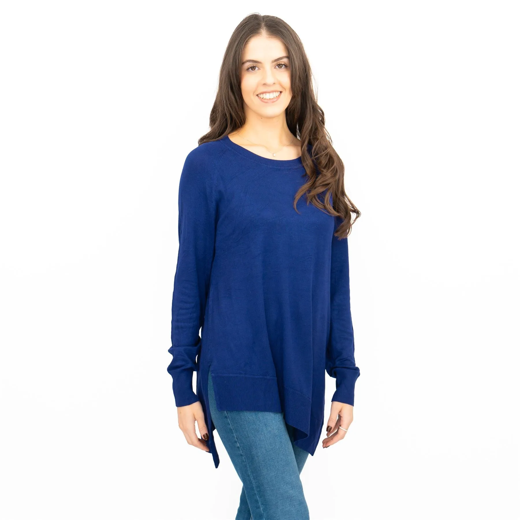 Evans Womens Asymmetric Top Blue Longline Crew Neck Long Sleeve Relaxed Fit