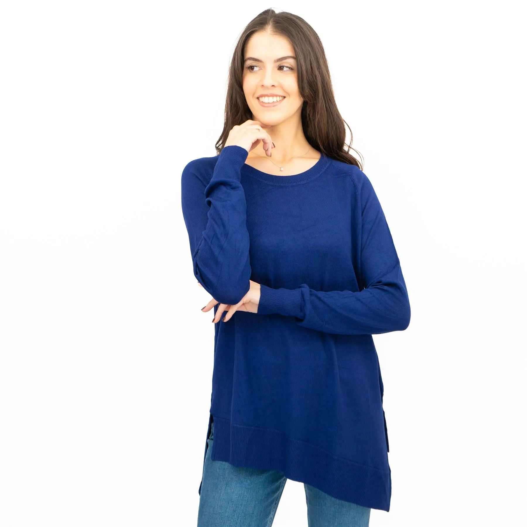 Evans Womens Asymmetric Top Blue Longline Crew Neck Long Sleeve Relaxed Fit