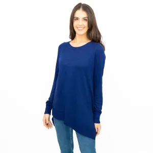 Evans Womens Asymmetric Top Blue Longline Crew Neck Long Sleeve Relaxed Fit