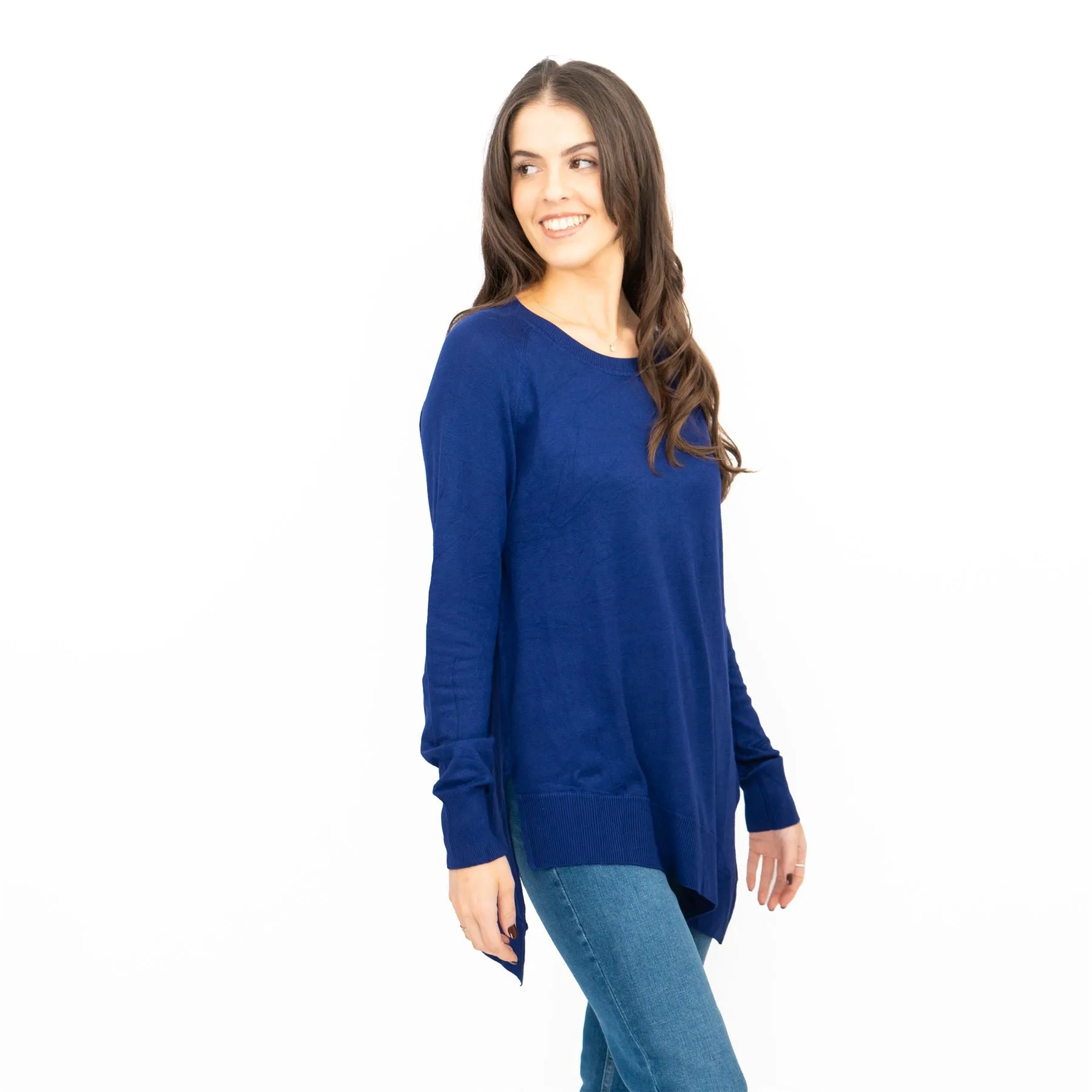 Evans Womens Asymmetric Top Blue Longline Crew Neck Long Sleeve Relaxed Fit