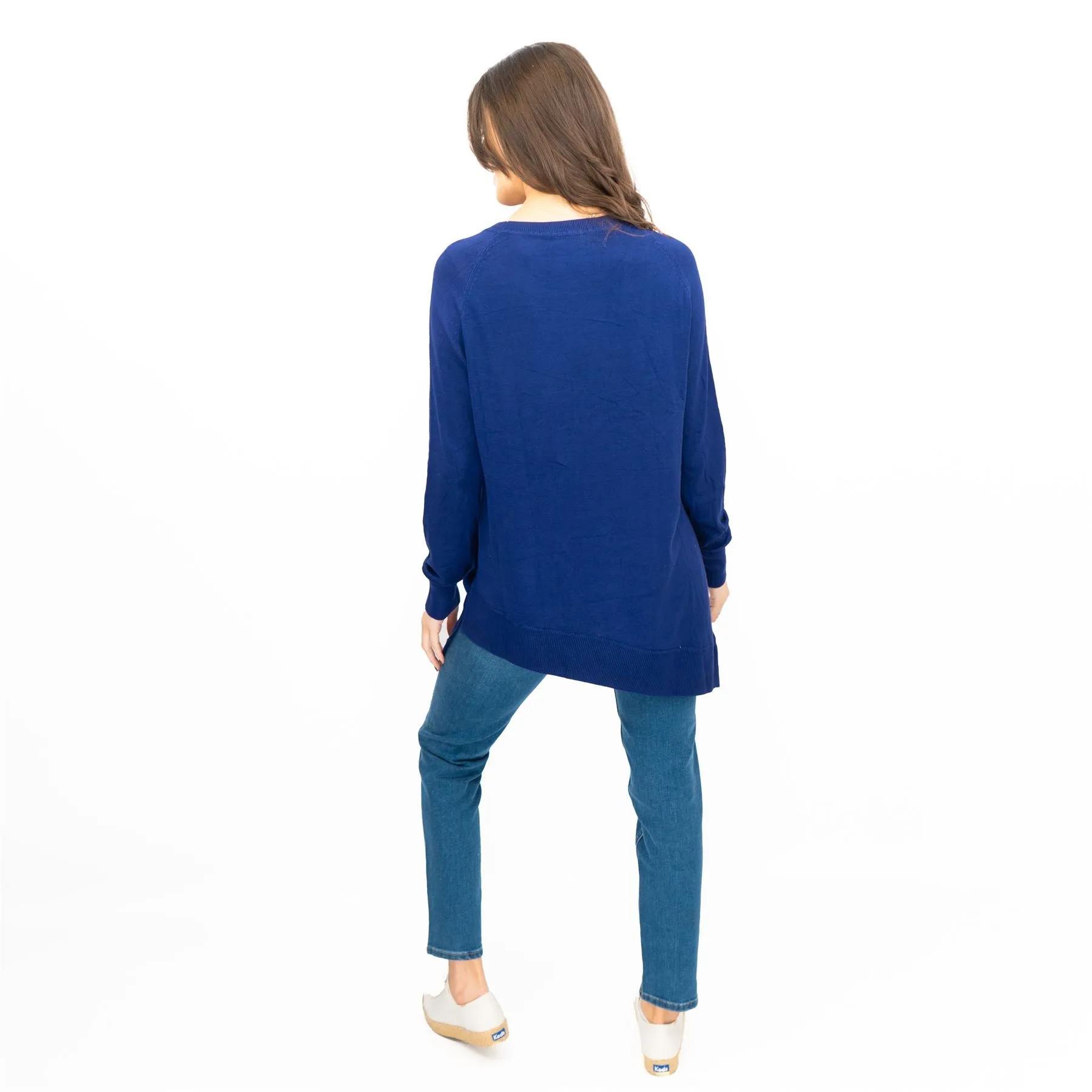 Evans Womens Asymmetric Top Blue Longline Crew Neck Long Sleeve Relaxed Fit