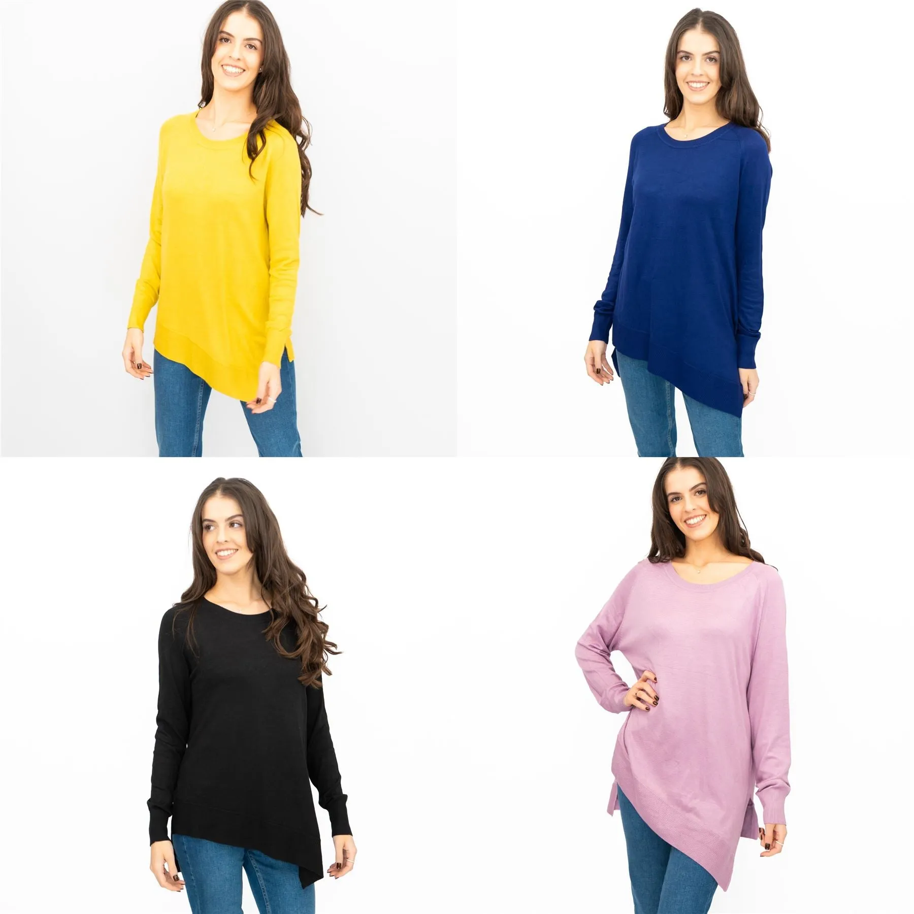 Evans Womens Asymmetric Top Blue Longline Crew Neck Long Sleeve Relaxed Fit