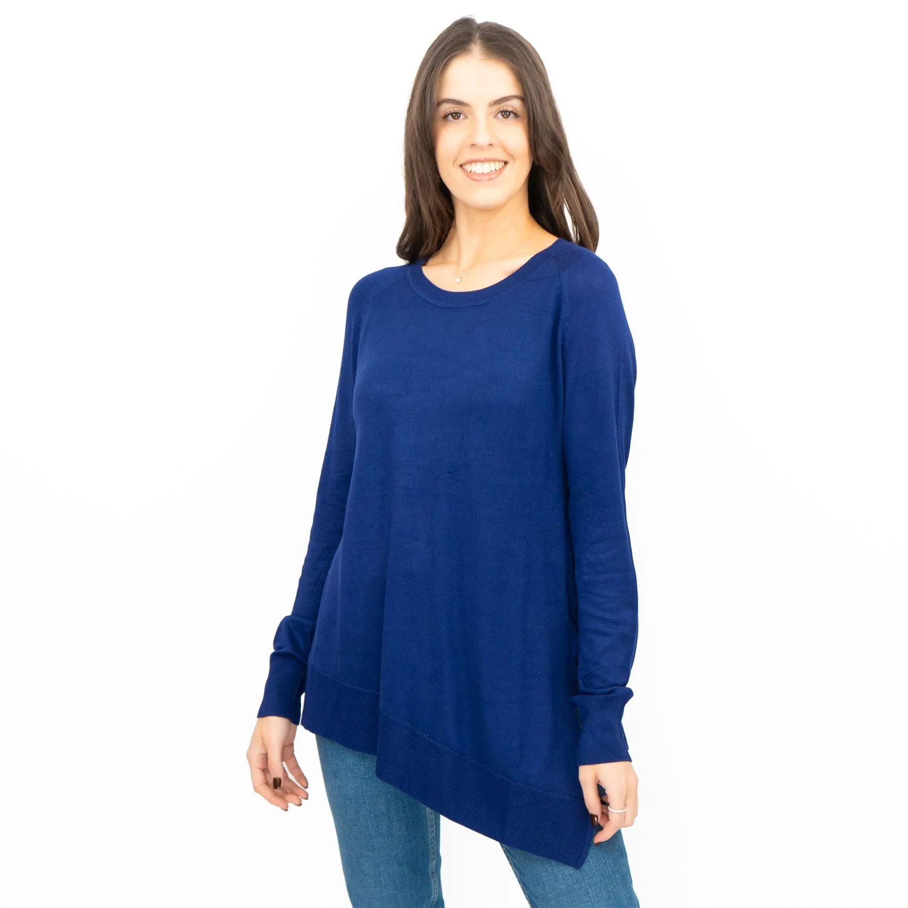 Evans Womens Asymmetric Top Blue Longline Crew Neck Long Sleeve Relaxed Fit