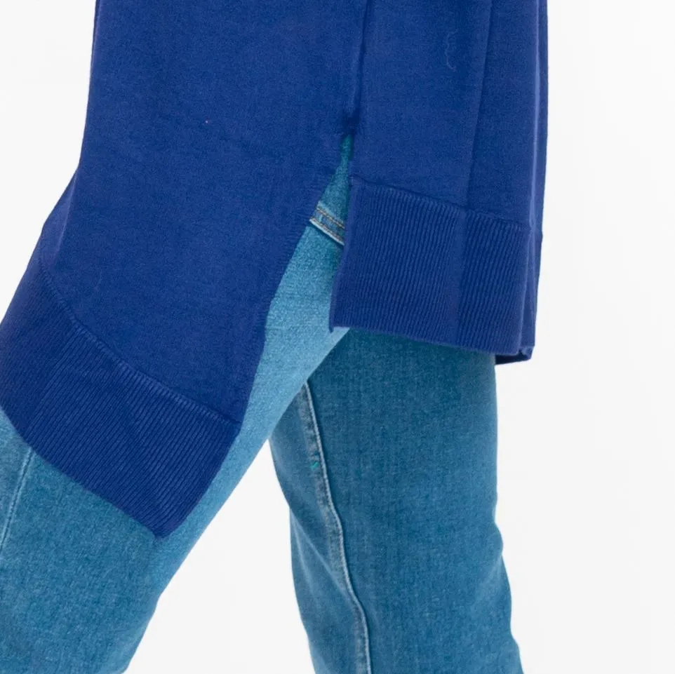 Evans Womens Asymmetric Top Blue Longline Crew Neck Long Sleeve Relaxed Fit