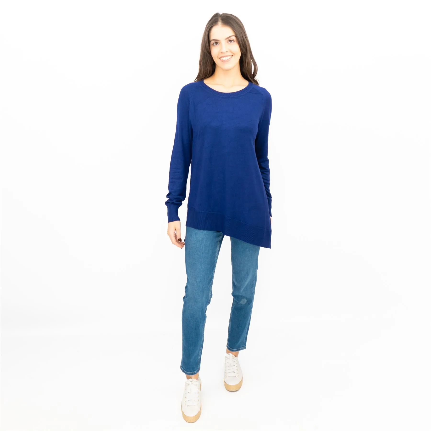 Evans Womens Asymmetric Top Blue Longline Crew Neck Long Sleeve Relaxed Fit