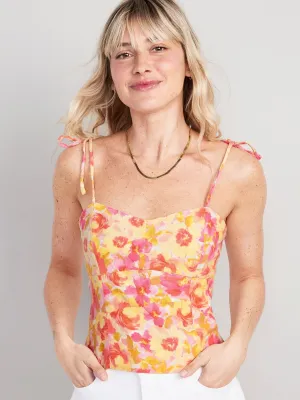 Fitted Linen-Blend Tie-Shoulder Cropped Cami Top For Women