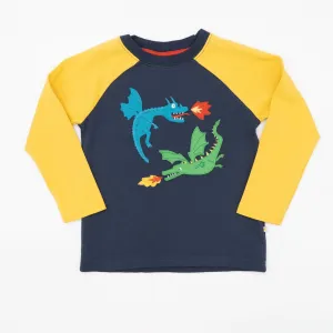 Frugi Boys T-Shirt Raglan Long Sleeve Navy Blue Dragons Casual Kids Cotton Tops