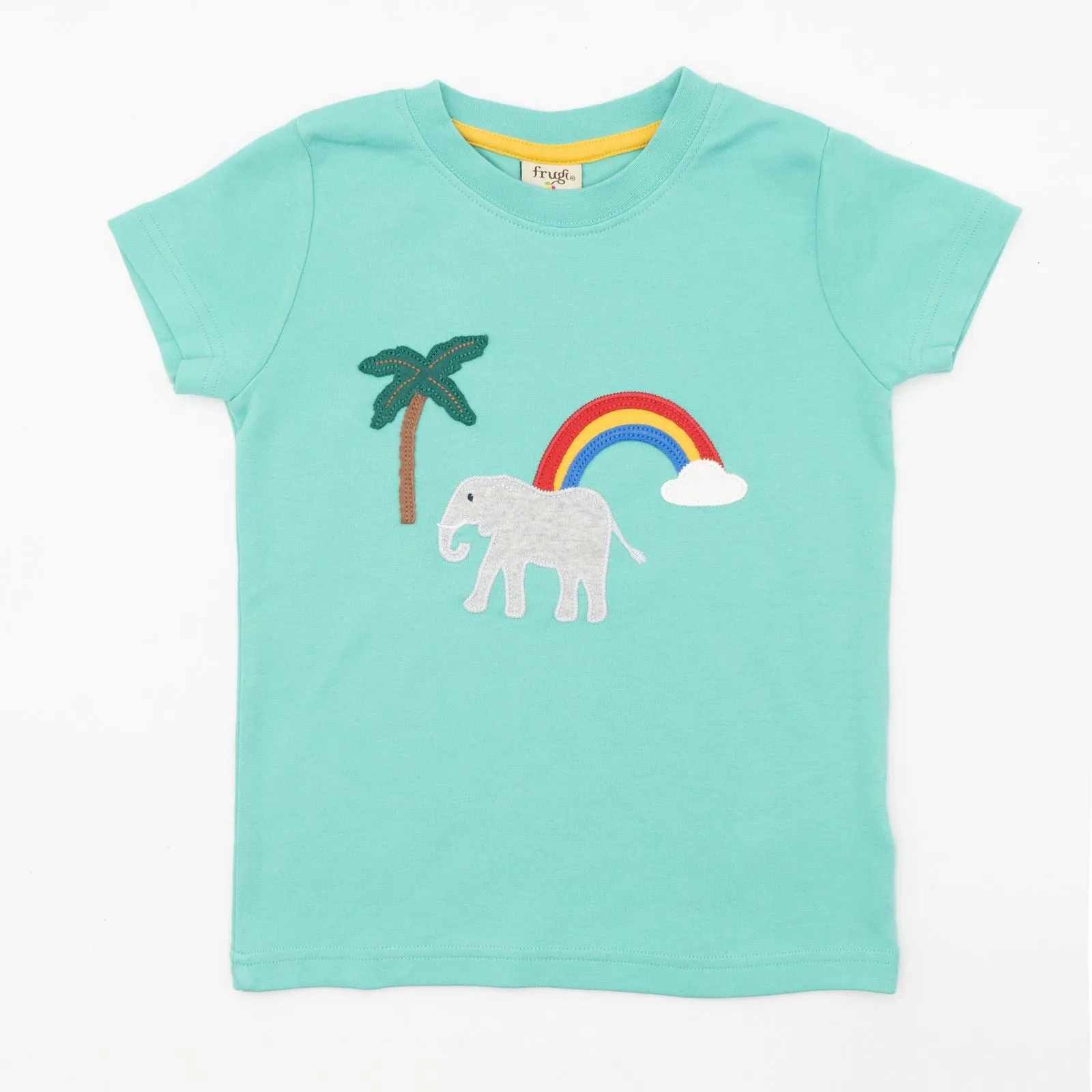 Frugi Girls T-Shirt Green Short Sleeve Elephant Casual Cotton Tops
