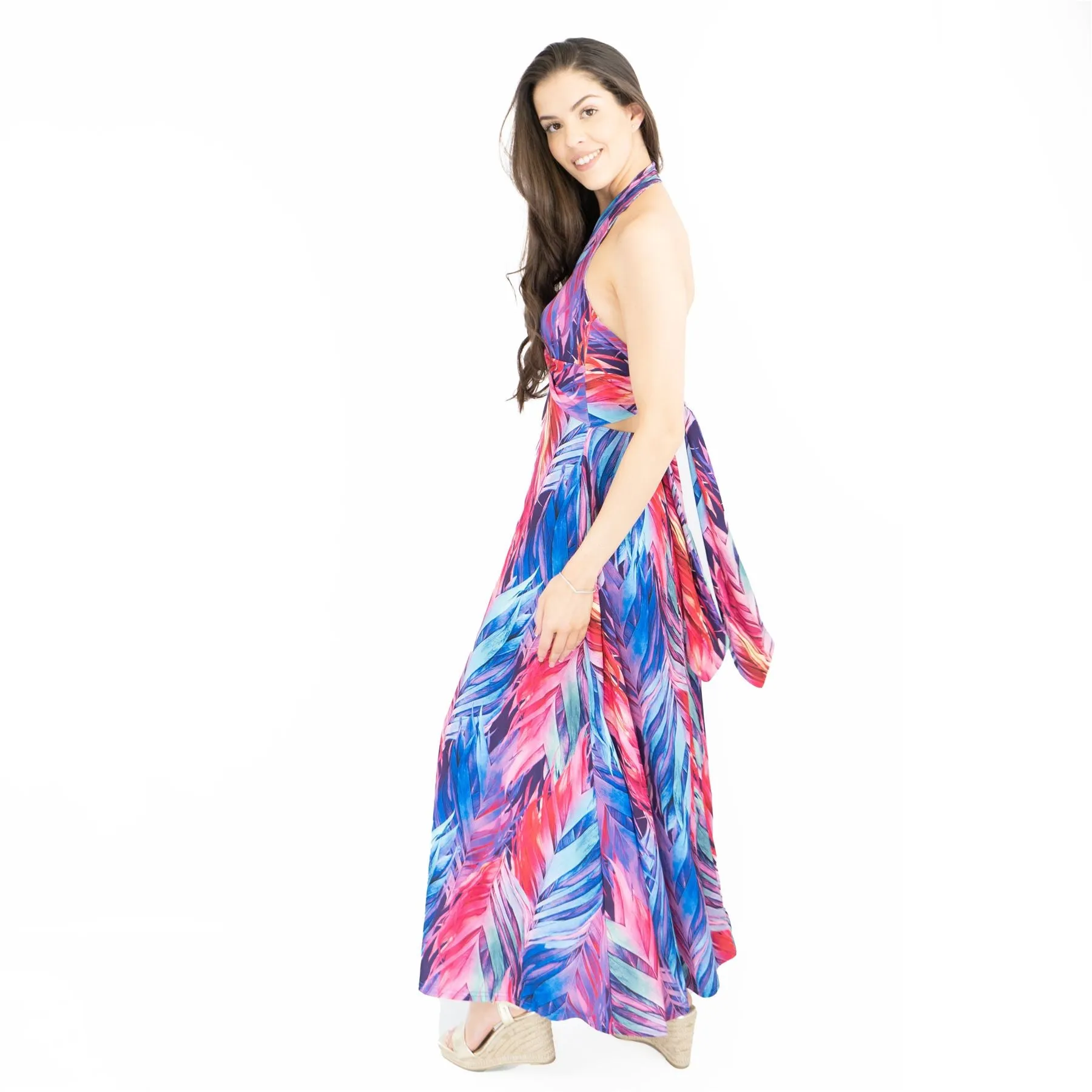 Karen Millen Floral Print Halter Neck Backless Purple Dress