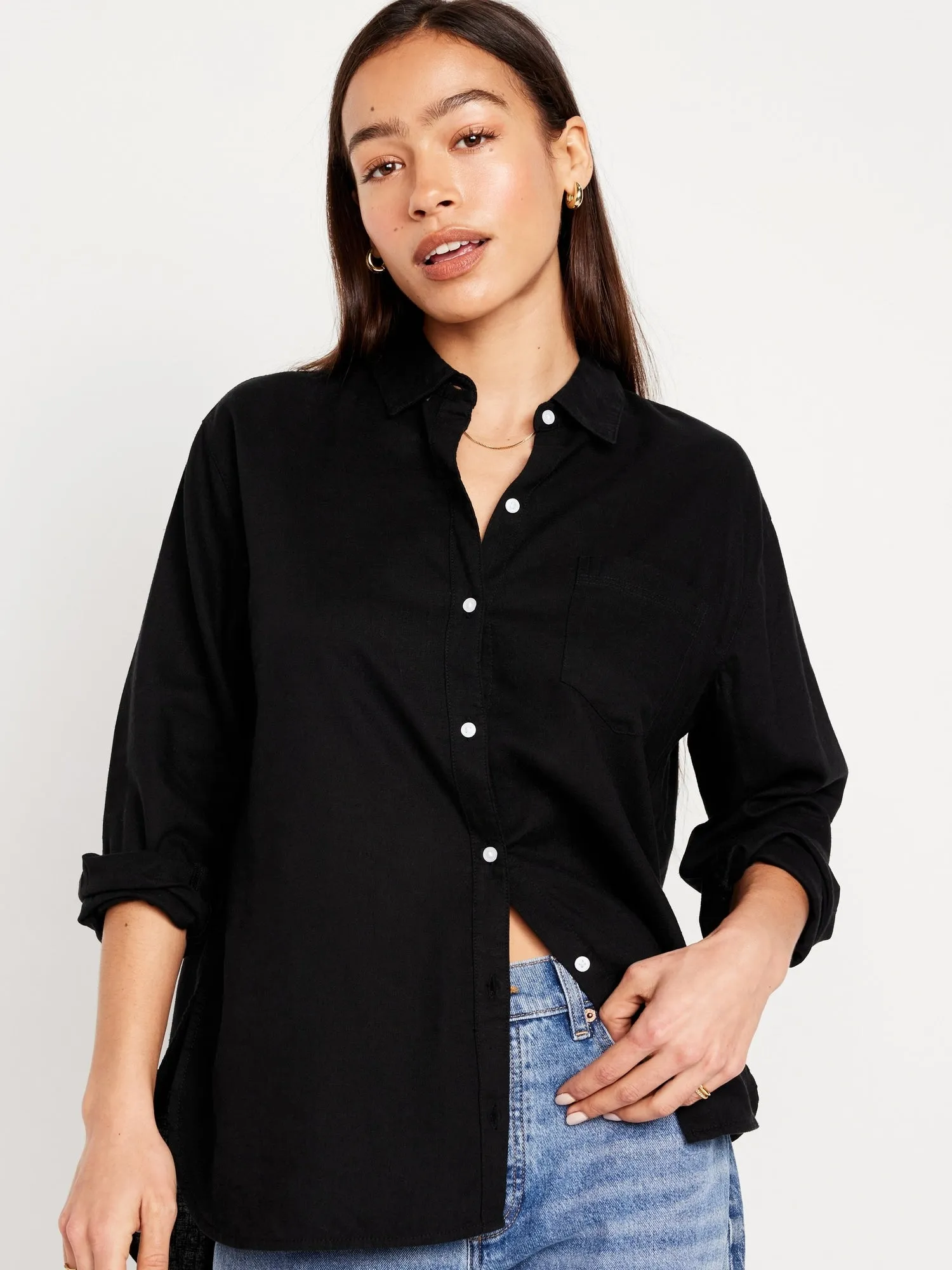 Linen-Blend Button-Down Boyfriend Shirt for Women