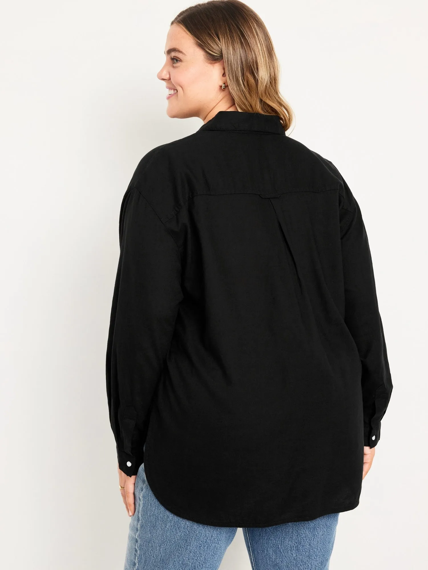 Linen-Blend Button-Down Boyfriend Shirt for Women