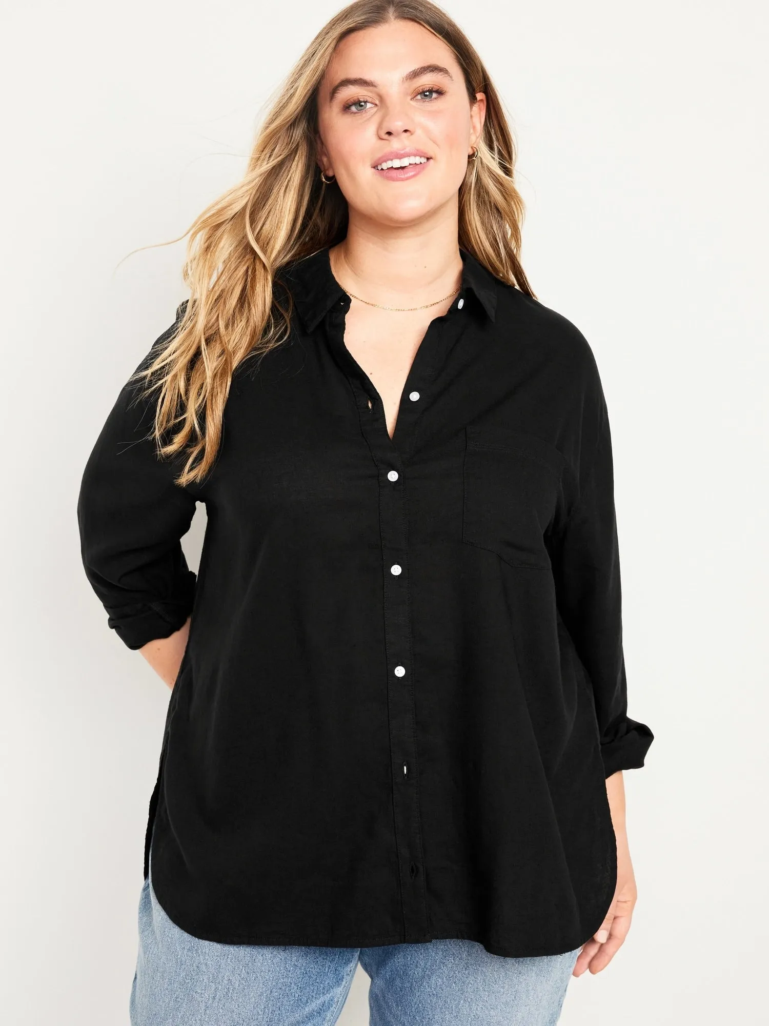 Linen-Blend Button-Down Boyfriend Shirt for Women