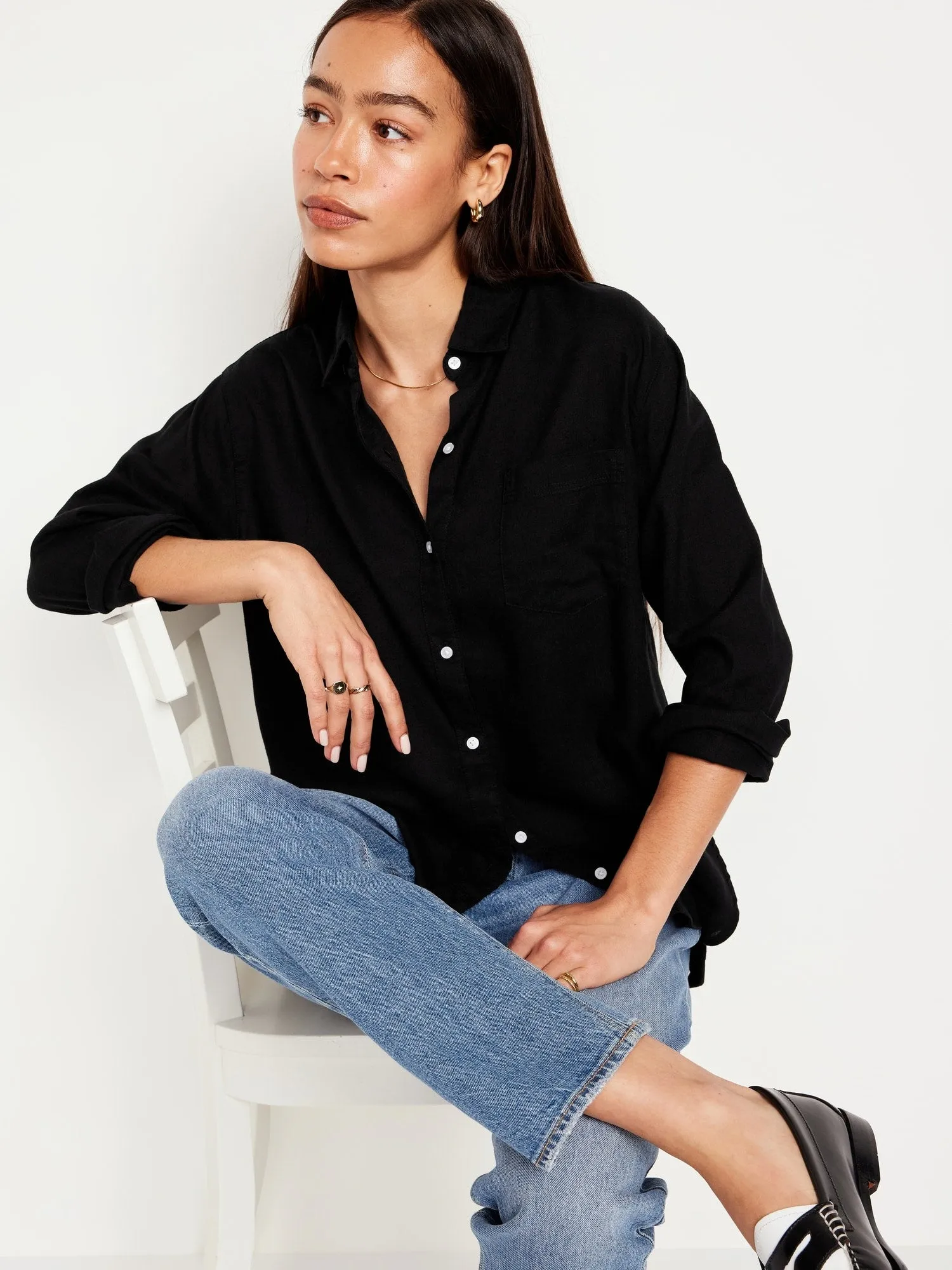 Linen-Blend Button-Down Boyfriend Shirt for Women