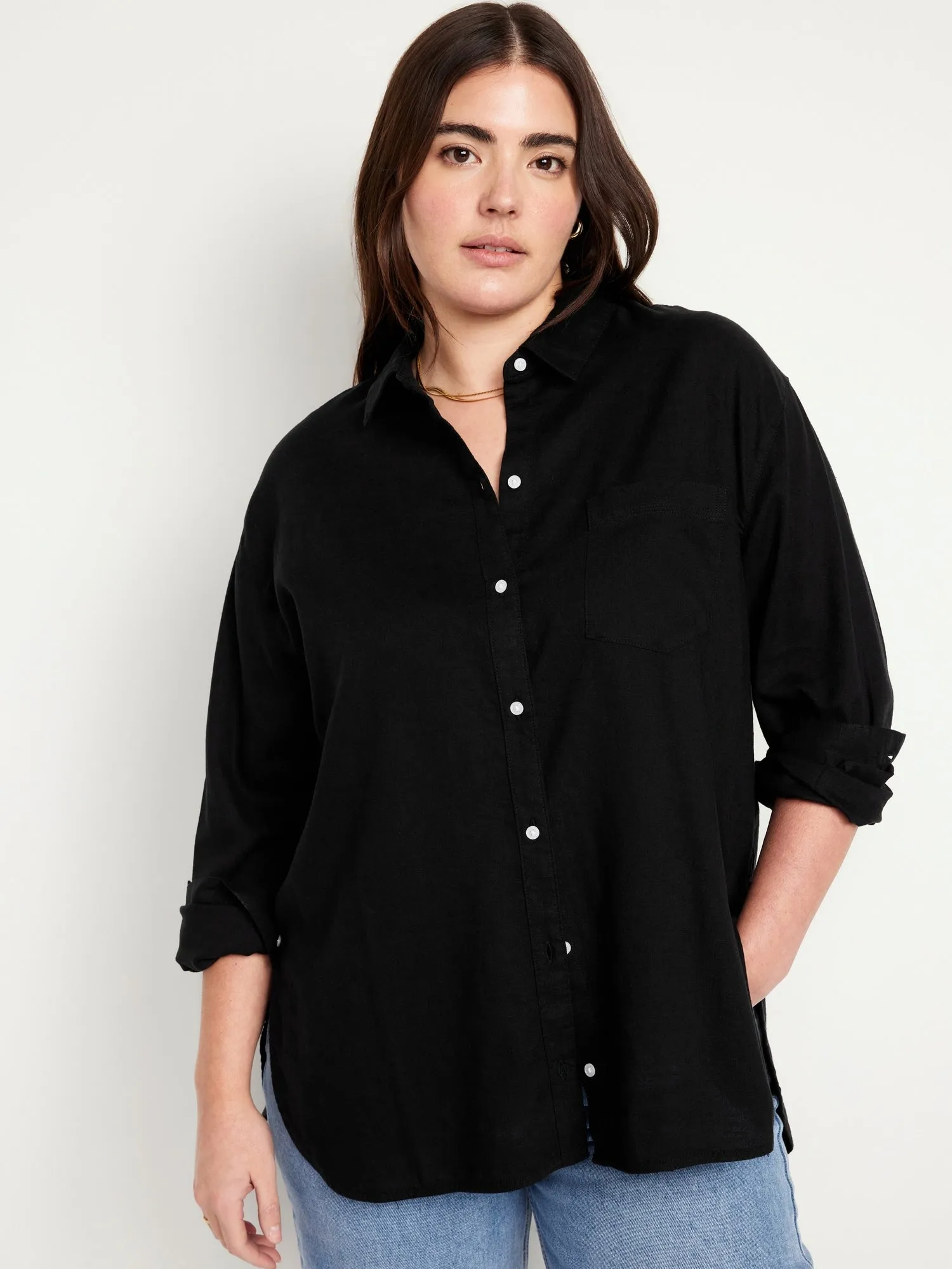 Linen-Blend Button-Down Boyfriend Shirt for Women