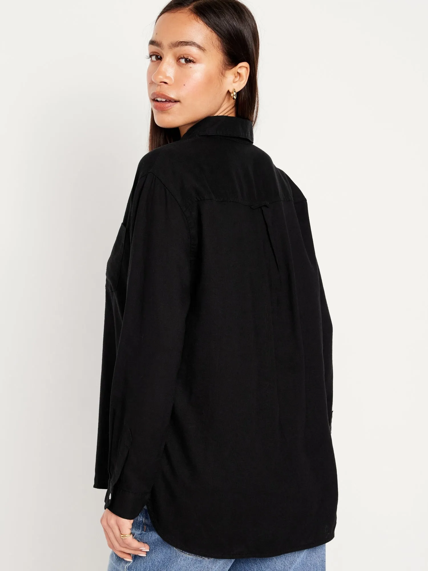 Linen-Blend Button-Down Boyfriend Shirt for Women