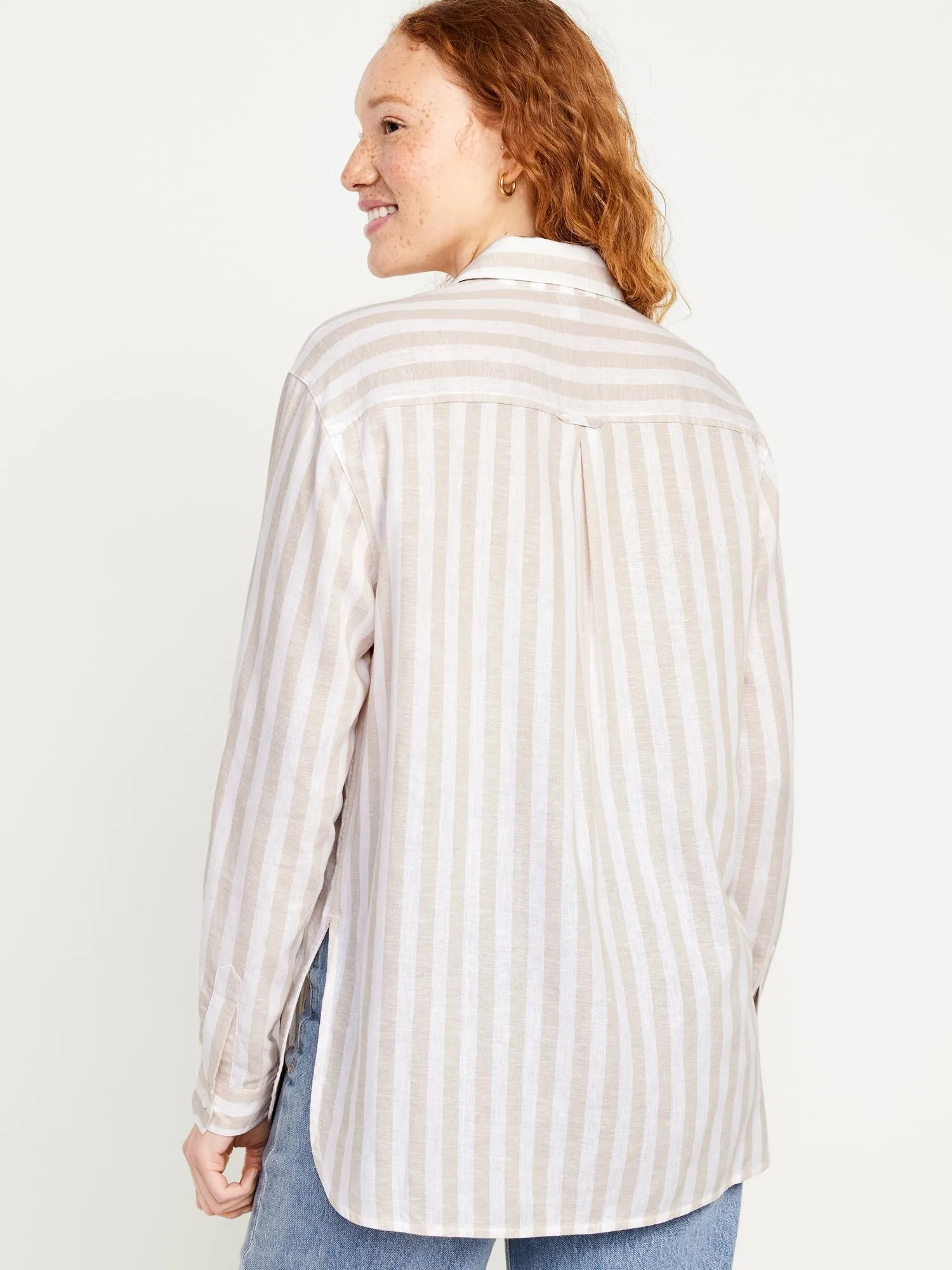 Linen-Blend Striped Boyfriend Shirt for Women