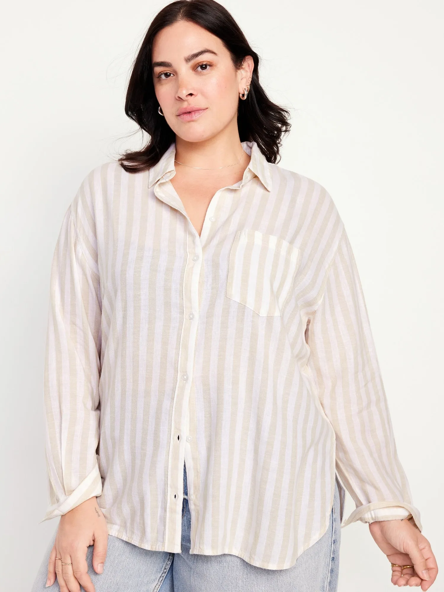 Linen-Blend Striped Boyfriend Shirt for Women