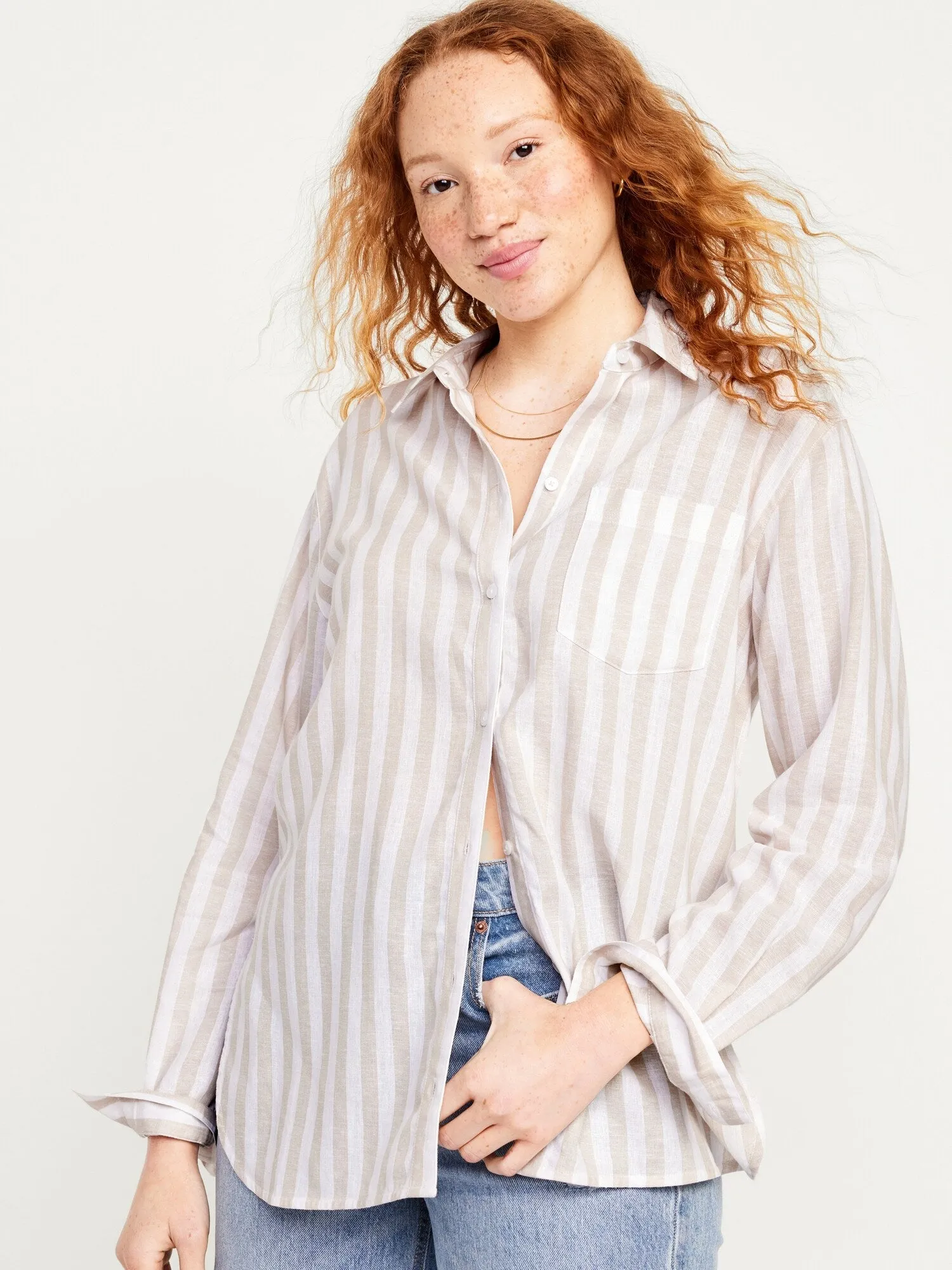 Linen-Blend Striped Boyfriend Shirt for Women