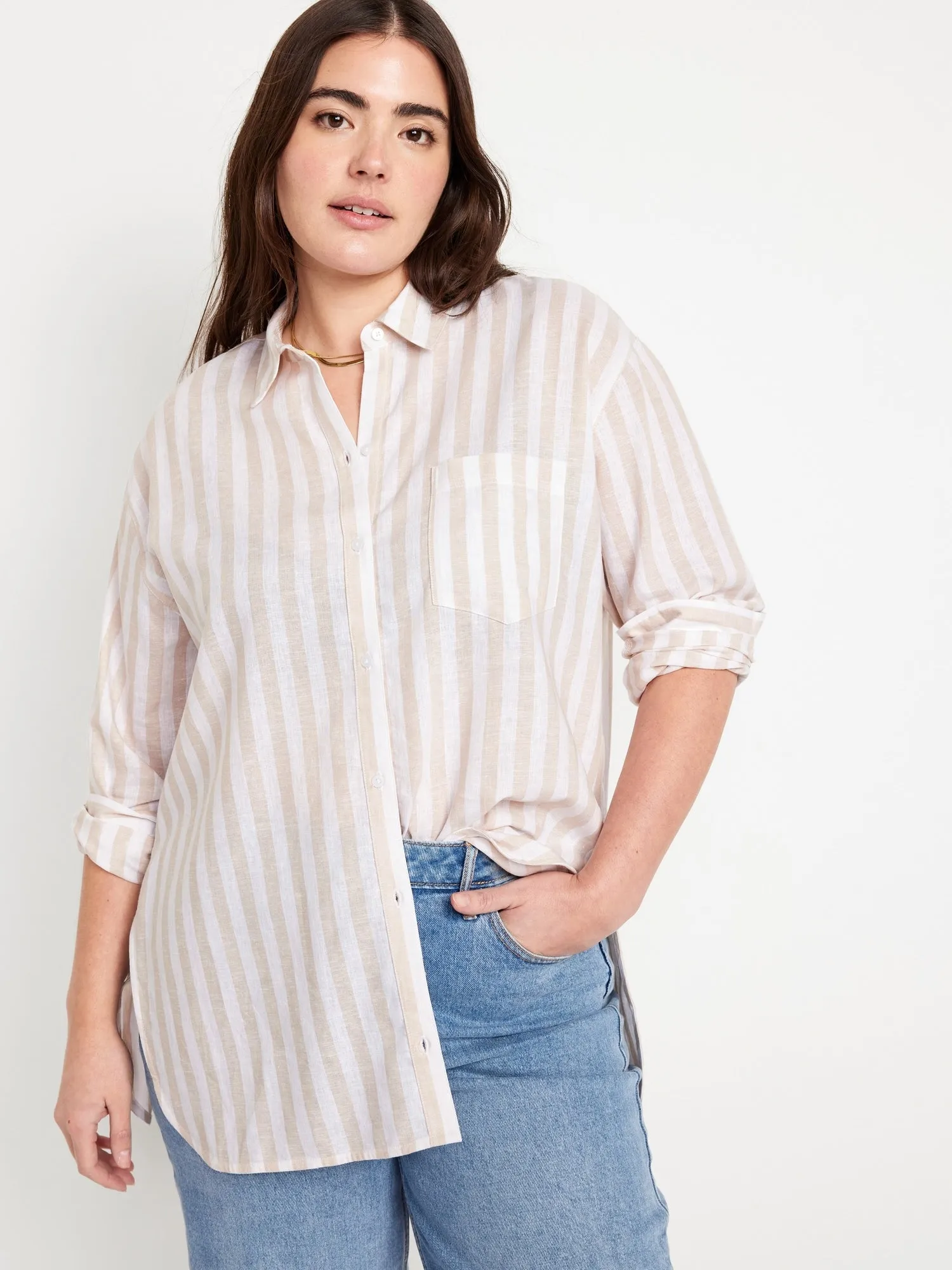 Linen-Blend Striped Boyfriend Shirt for Women