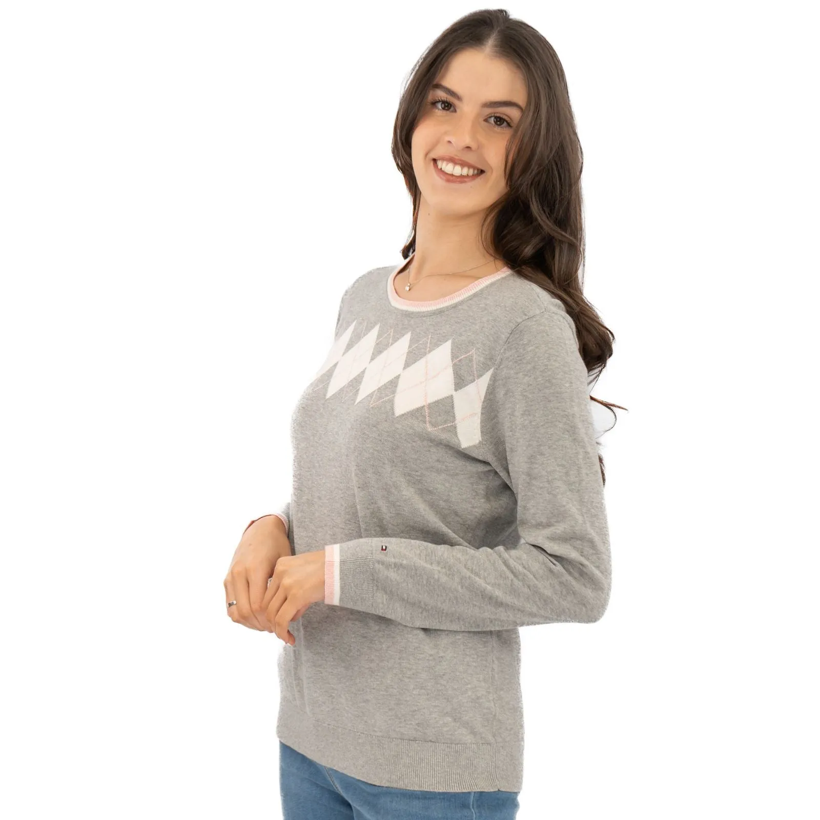 Lucy Argyle Jumper Grey Diamond Intarsia Long Sleeve Tops