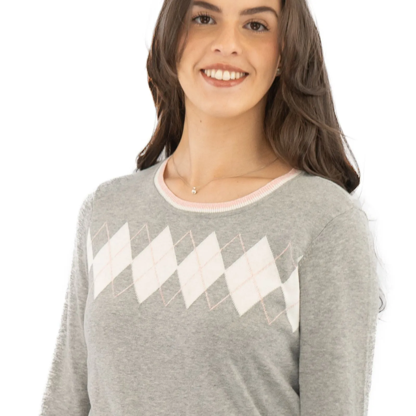 Lucy Argyle Jumper Grey Diamond Intarsia Long Sleeve Tops