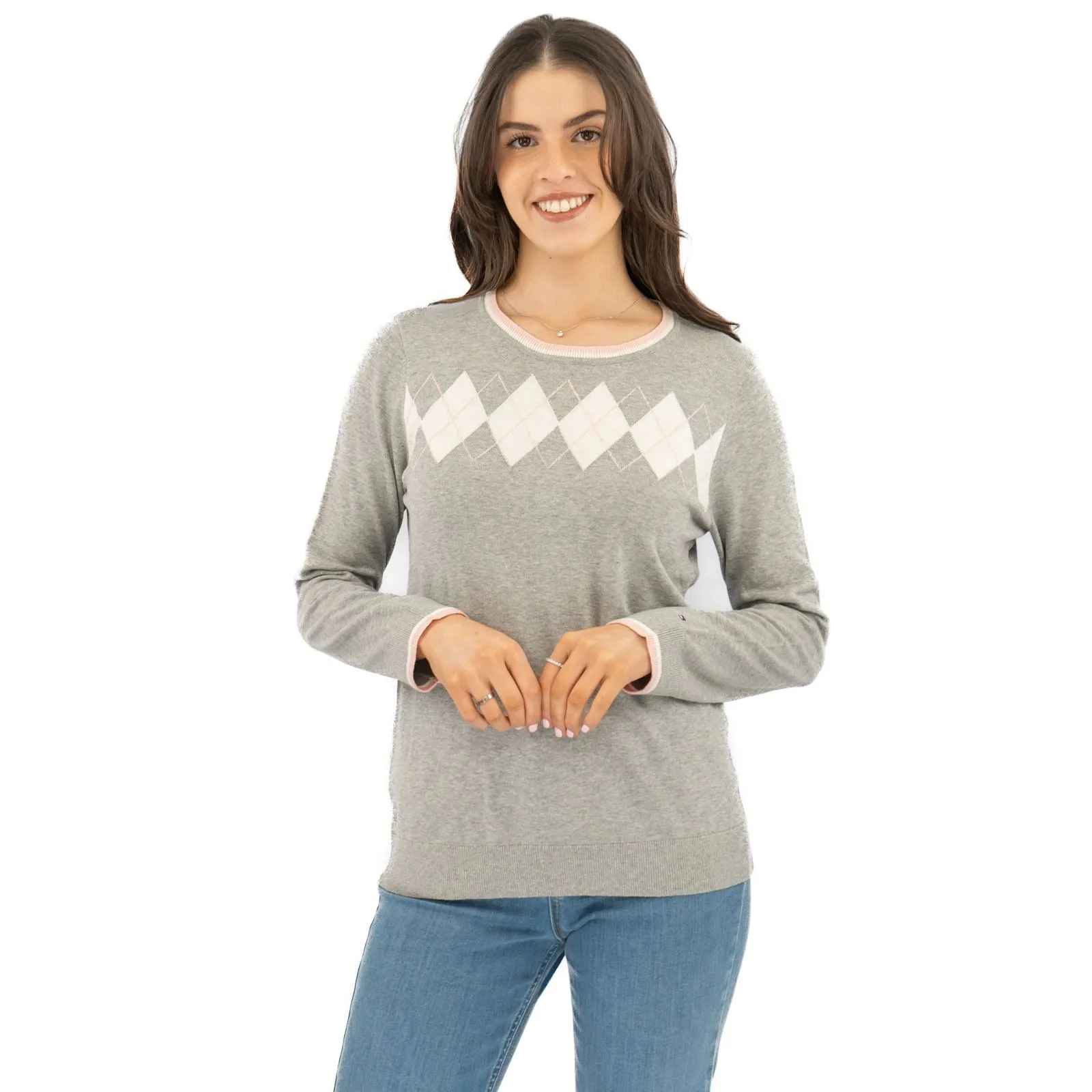 Lucy Argyle Jumper Grey Diamond Intarsia Long Sleeve Tops