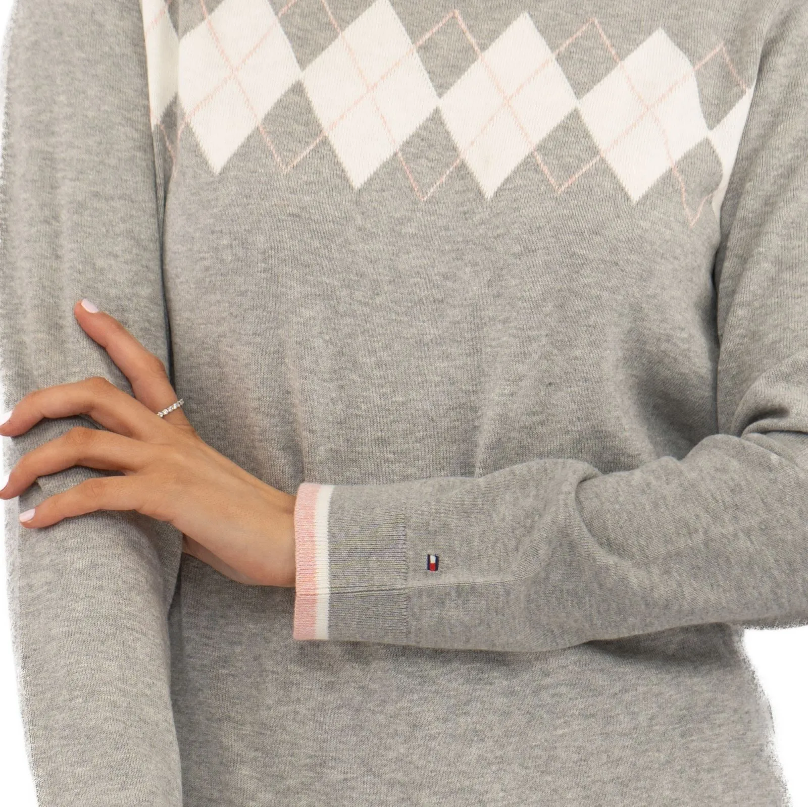 Lucy Argyle Jumper Grey Diamond Intarsia Long Sleeve Tops