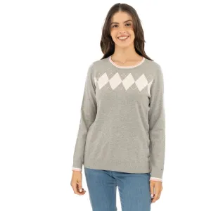 Lucy Argyle Jumper Grey Diamond Intarsia Long Sleeve Tops