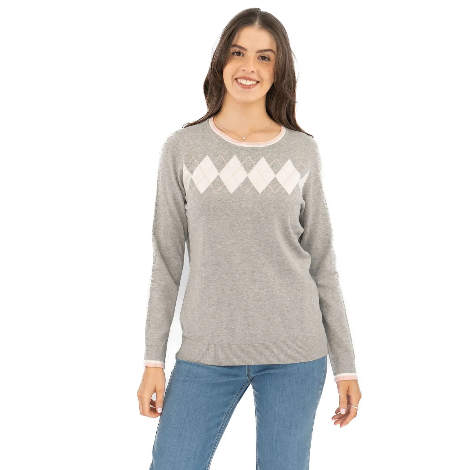 Lucy Argyle Jumper Grey Diamond Intarsia Long Sleeve Tops